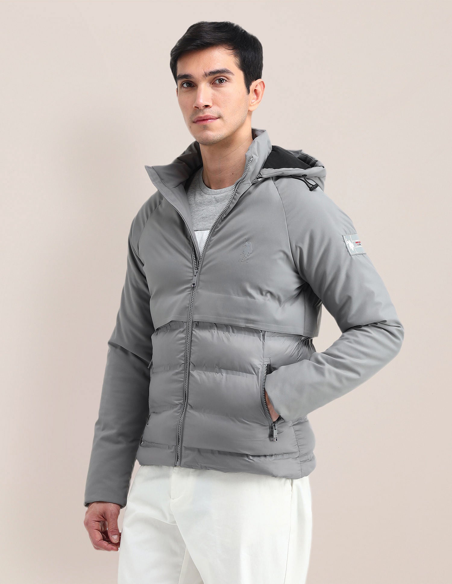 Solid Hooded Puffer Jacket Grey - U.S. Polo Assn. India | Large