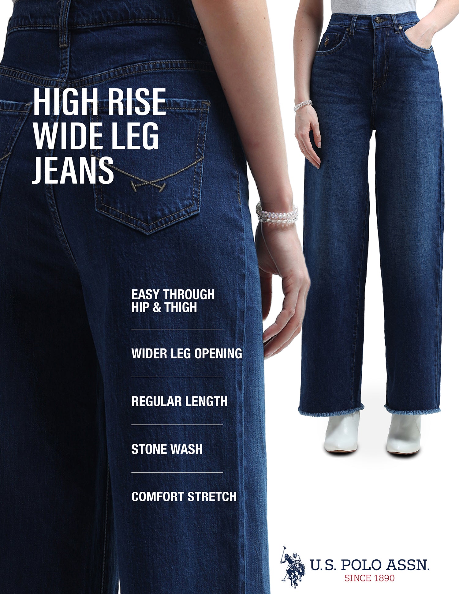 High Rise Wide Leg Jeans Dark Blue - U.S. Polo Assn. India | Large
