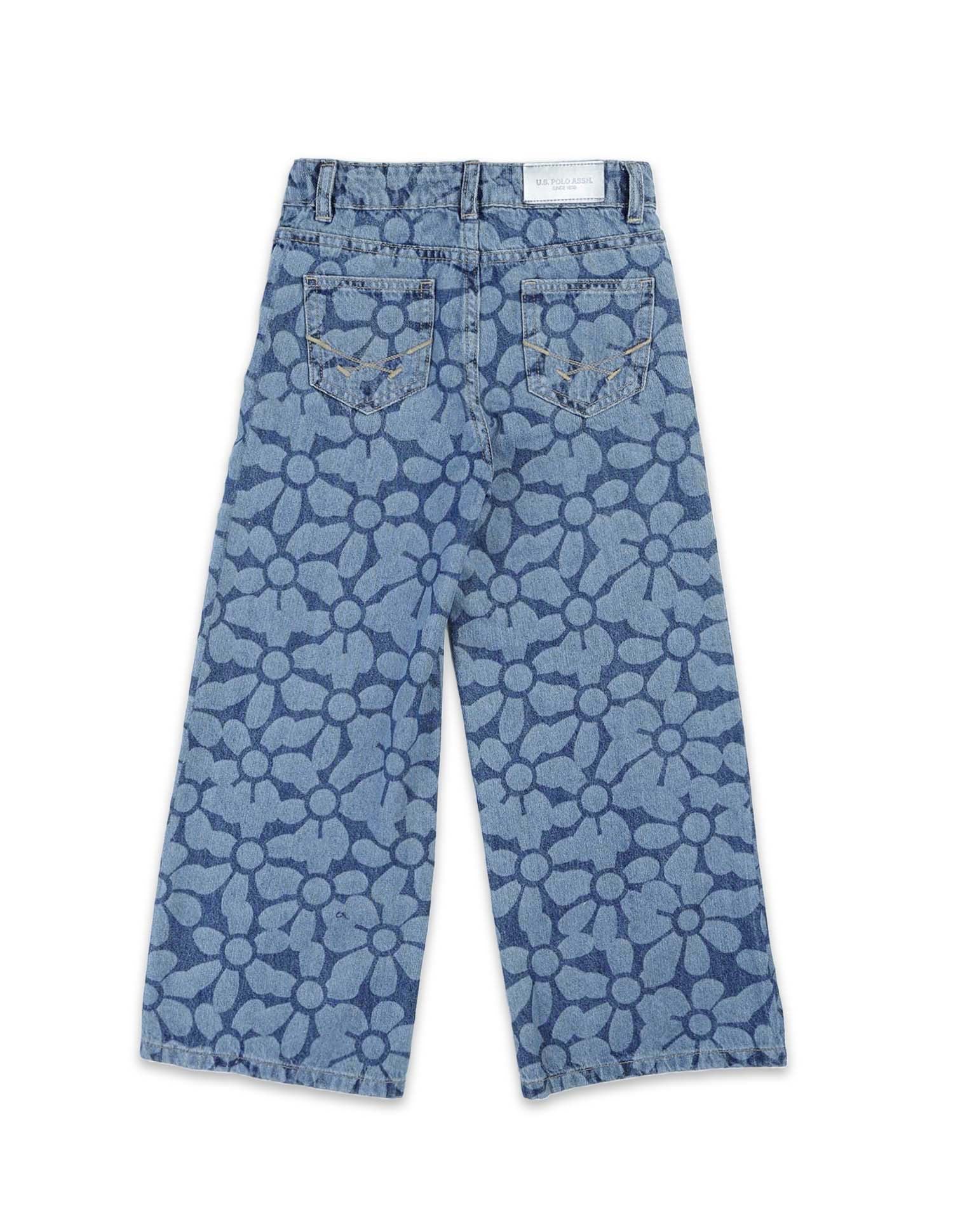 Girls Floral Laser Printed Wide Leg Jeans Blue - U.S. POLO ASSN. | Large