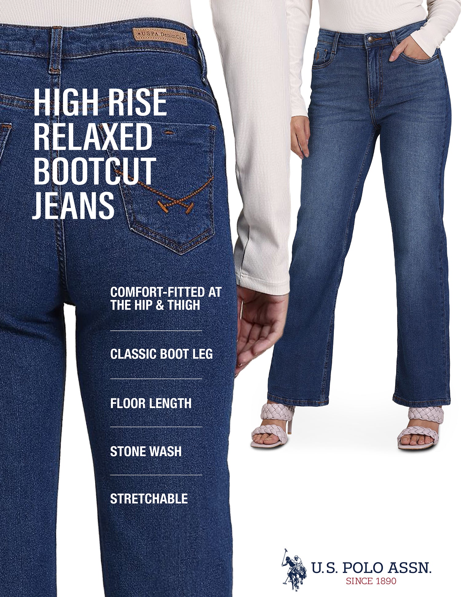 High Rise Stone Wash Flared Jeans Blue - U.S. Polo Assn. India | Large