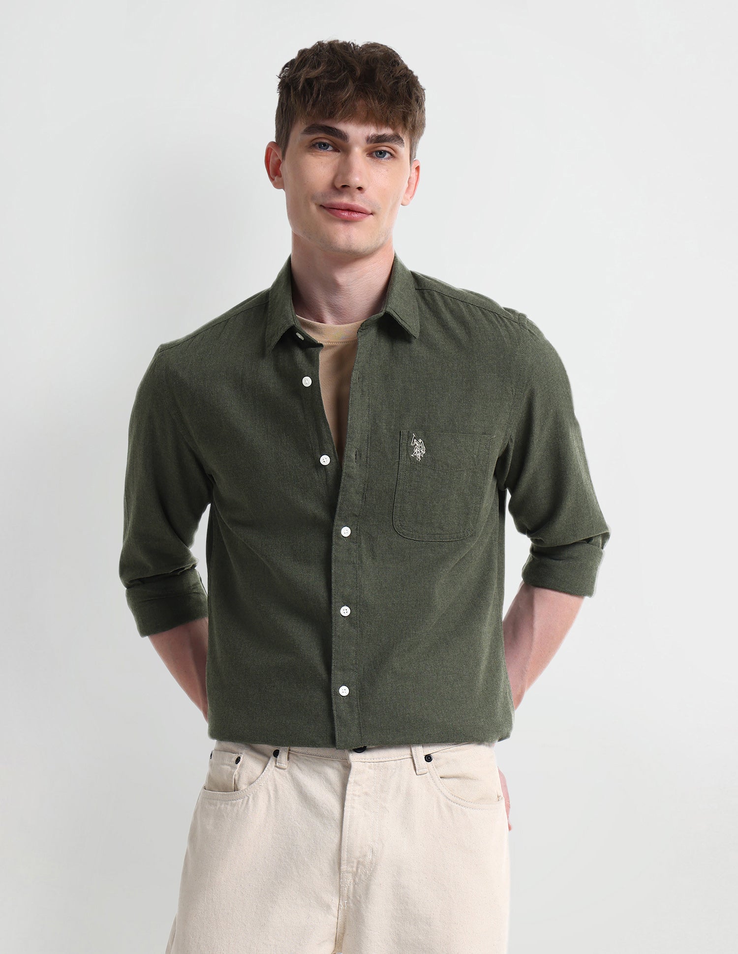 Solid Slim Fit Shirt Olive - U.S. Polo Assn. India | Large
