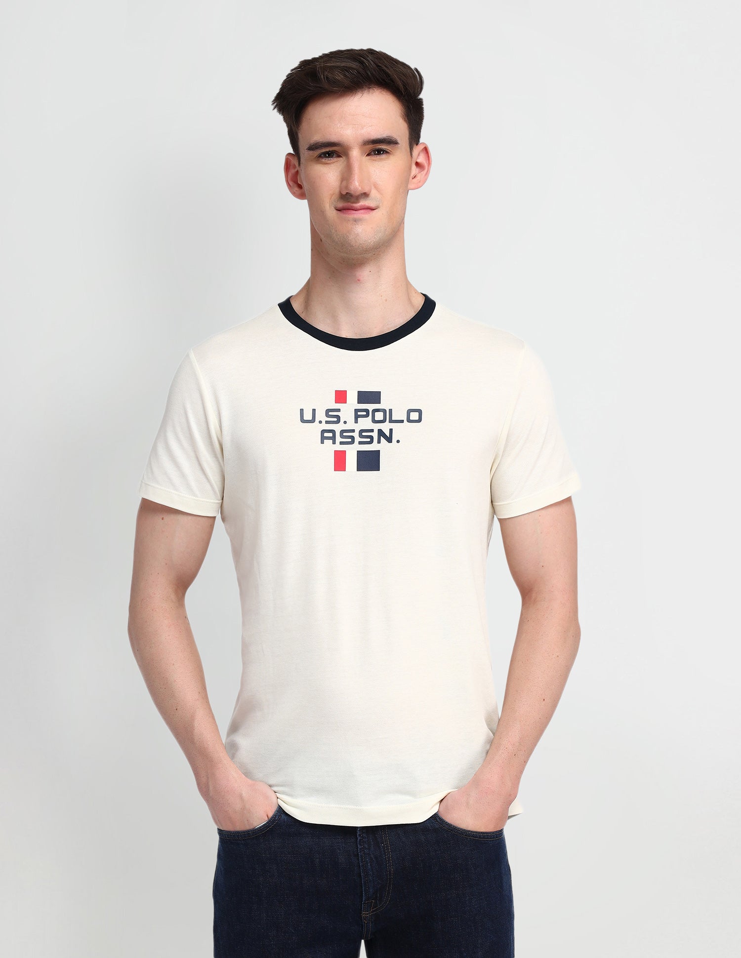 Brand Printed Muscle Fit T-Shirt Uspa Ivory - U.S. Polo Assn. India | Large