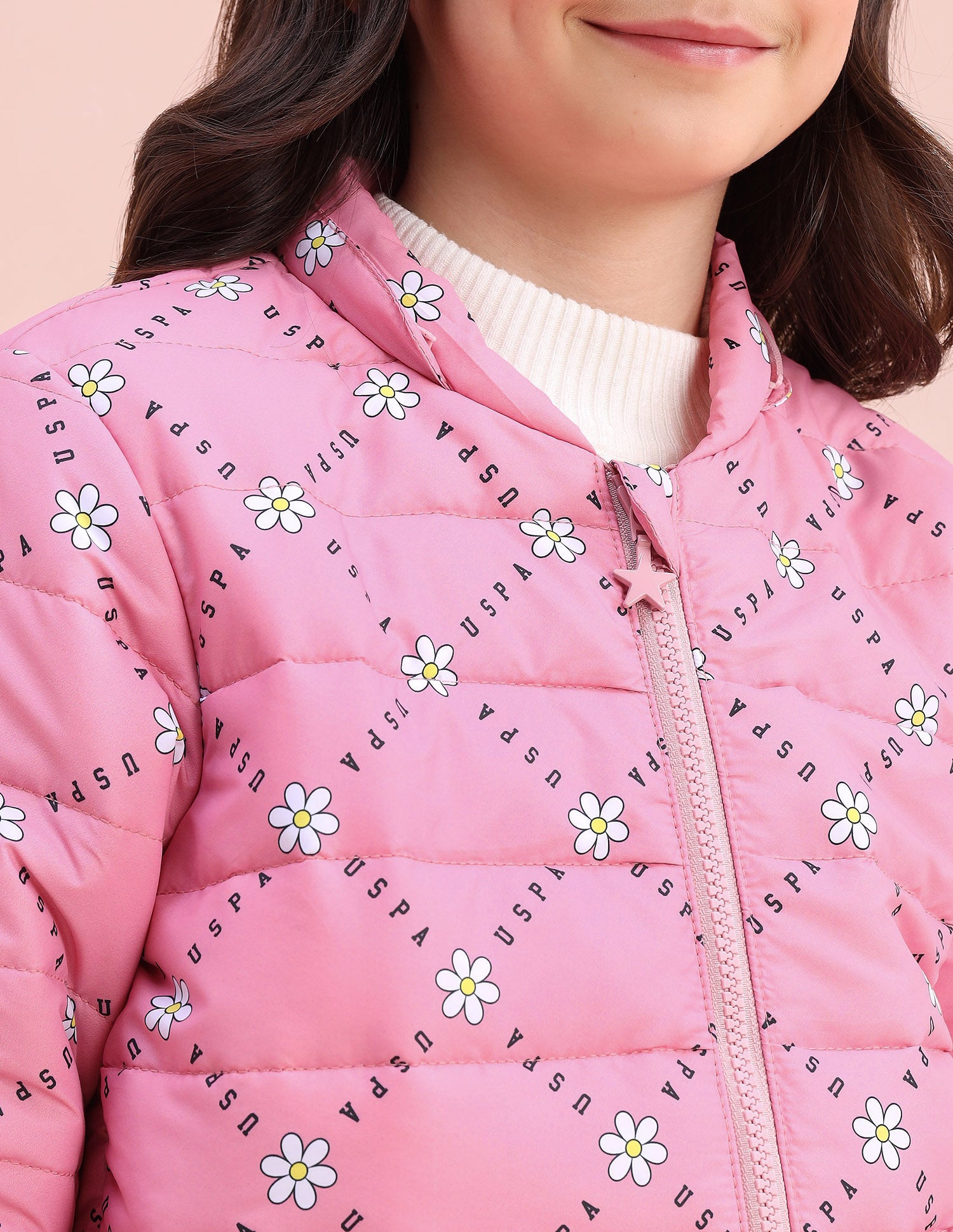 Floral Logo Printed Puffer Jacket Pink - U.S. POLO ASSN. | Large