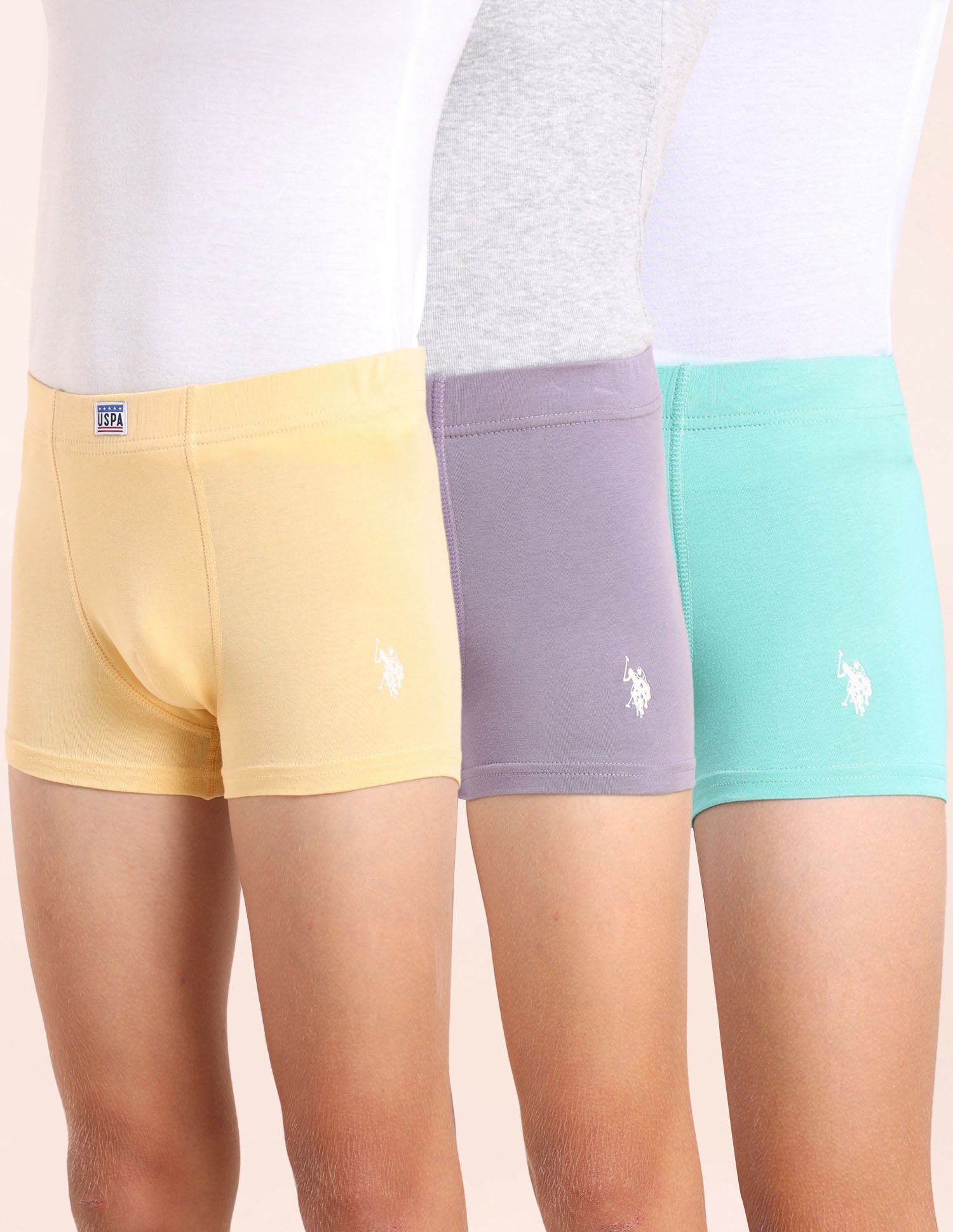 Boys Cotton Spandex Solid Trunks - Pack Of 3 Purple, Yellow and Green - U.S. POLO ASSN. | Large