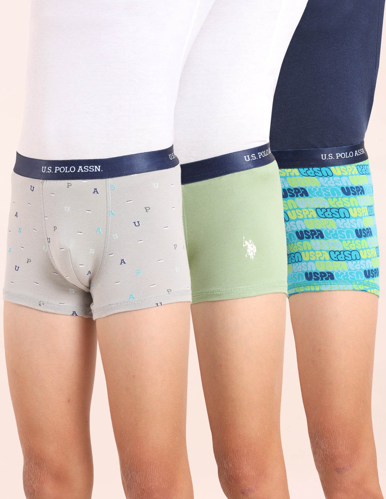 Boys Mid Rise Cotton Spandex Trunks - Pack Of 3 Grey, Blue and Green - U.S. POLO ASSN. | Large