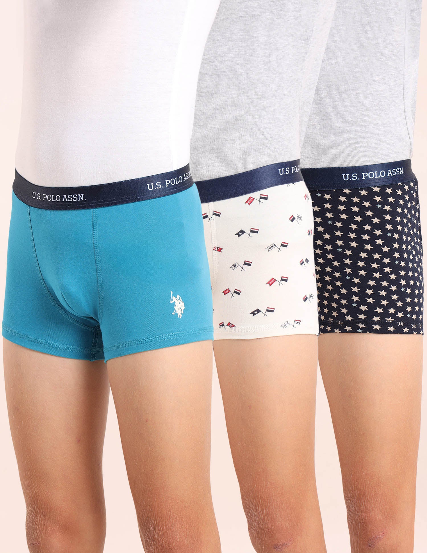 Boys Mid Rise Cotton Spandex Trunks - Pack Of 3 Navy, White and Blue - U.S. POLO ASSN. | Large