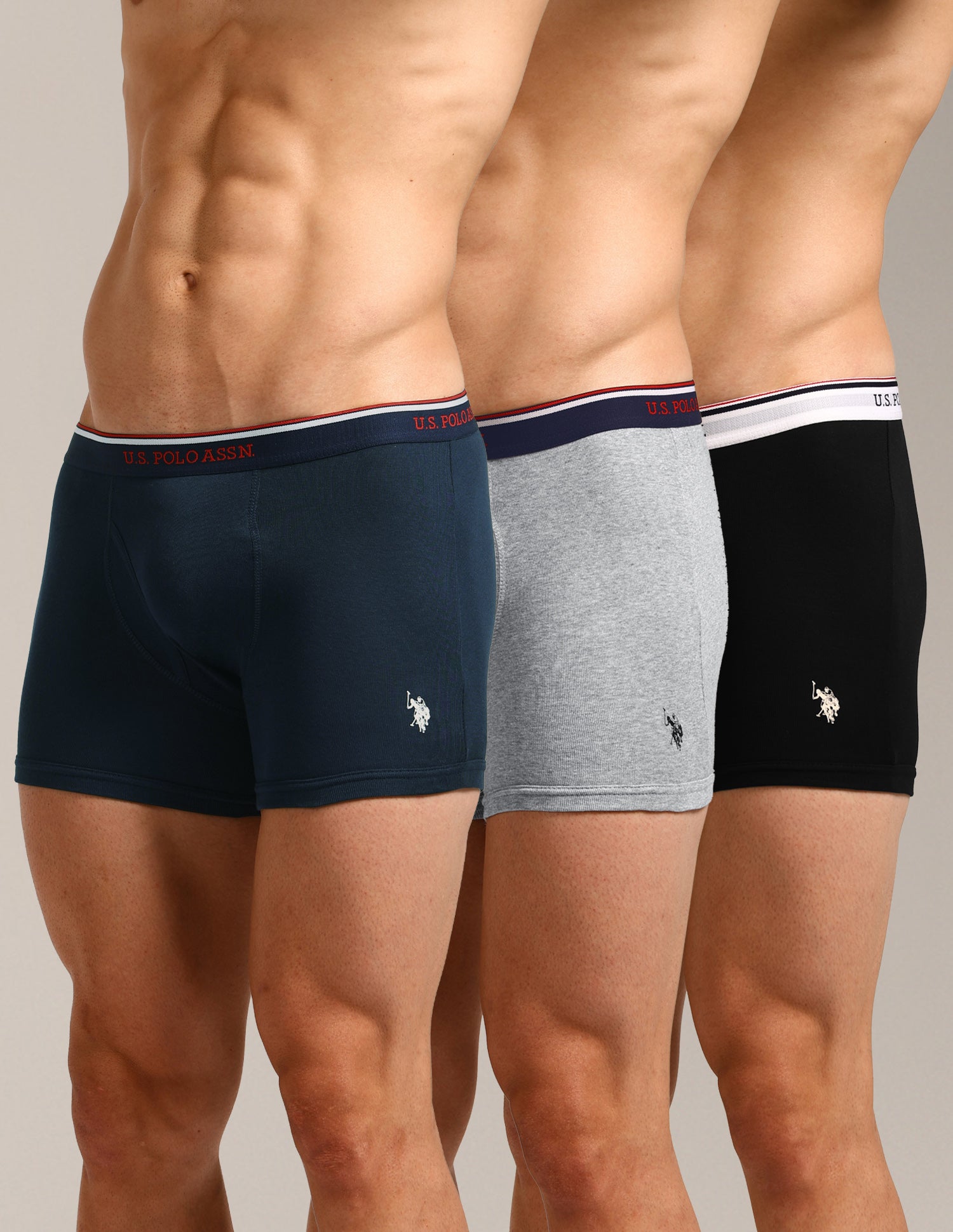 Mid Rise Solid 1667 Trunks - Pack Of 3 Black, Grey Melange and Navy - U.S. Polo Assn. India | Large