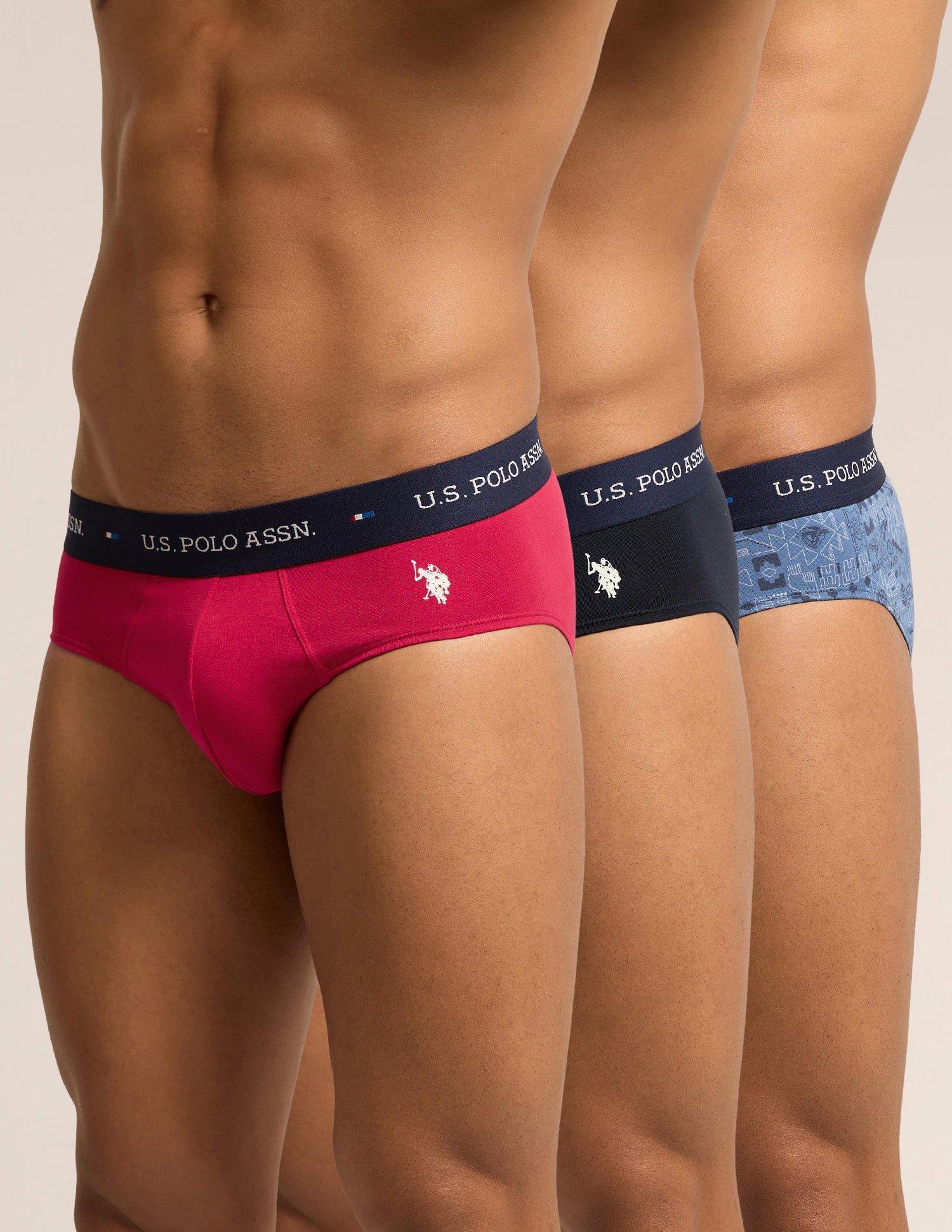 Breathable Cotton Stretch OEB25 Briefs - Pack of 3 Navy, Red, Moonlight Blue - U.S. Polo Assn. India | Large