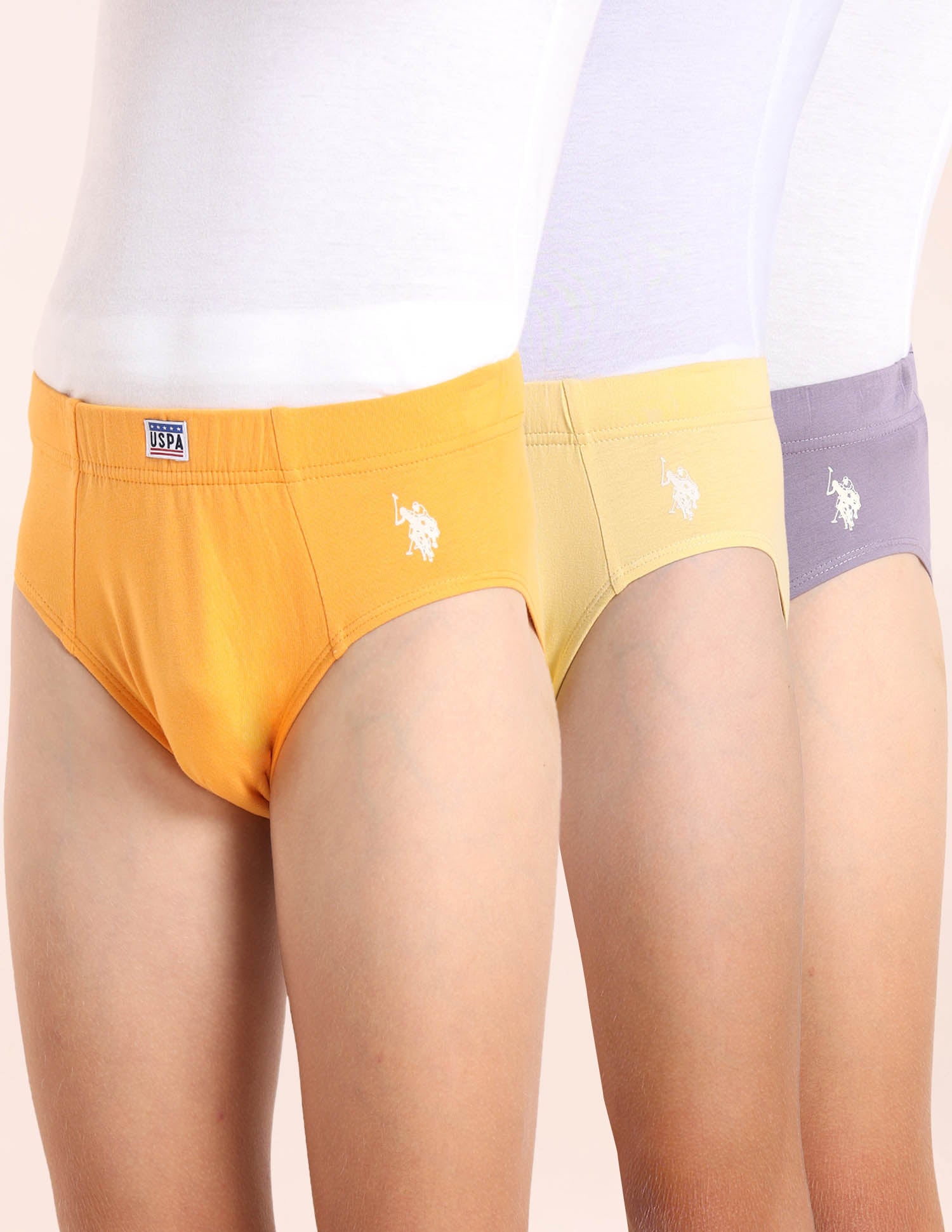Boys Cotton Spandex Solid Briefs - Pack Of 3 Orange, Purple and Yellow - U.S. POLO ASSN. | Large