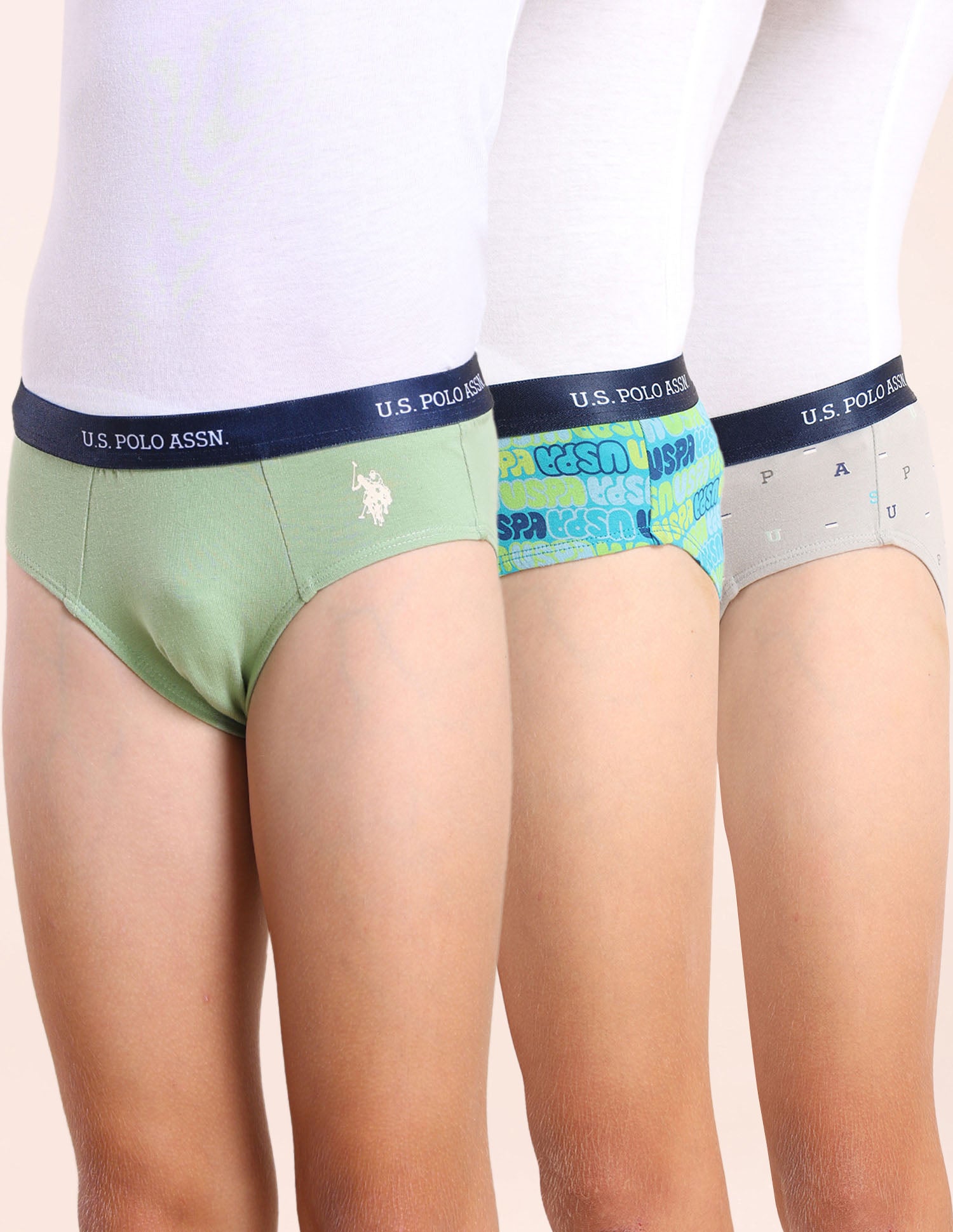 Boys Mid Rise Cotton Spandex Briefs - Pack Of 3 Grey, Blue and Green - U.S. POLO ASSN. | Large