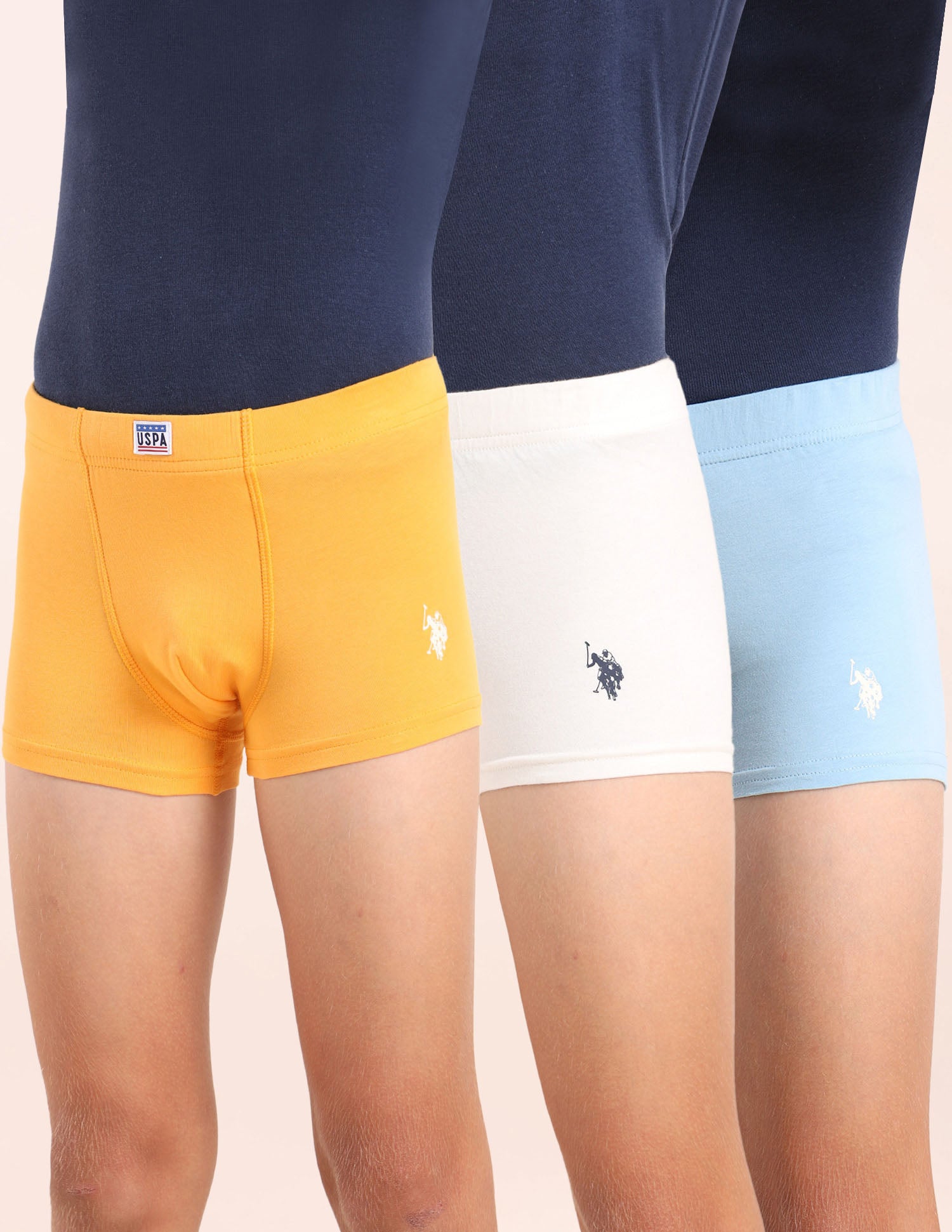 Boys Cotton Spandex Solid Trunks - Pack Of 3 Orange, Blue and White - U.S. POLO ASSN. | Large