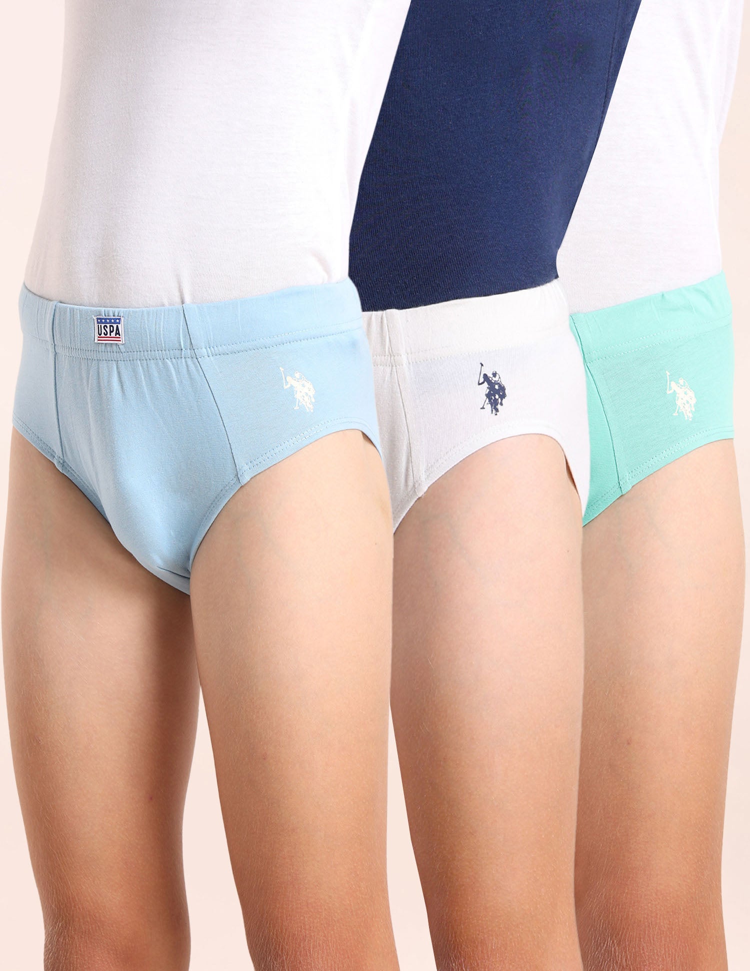 Boys Cotton Spandex Solid Briefs - Pack Of 3 Blue, Green and White - U.S. POLO ASSN. | Large