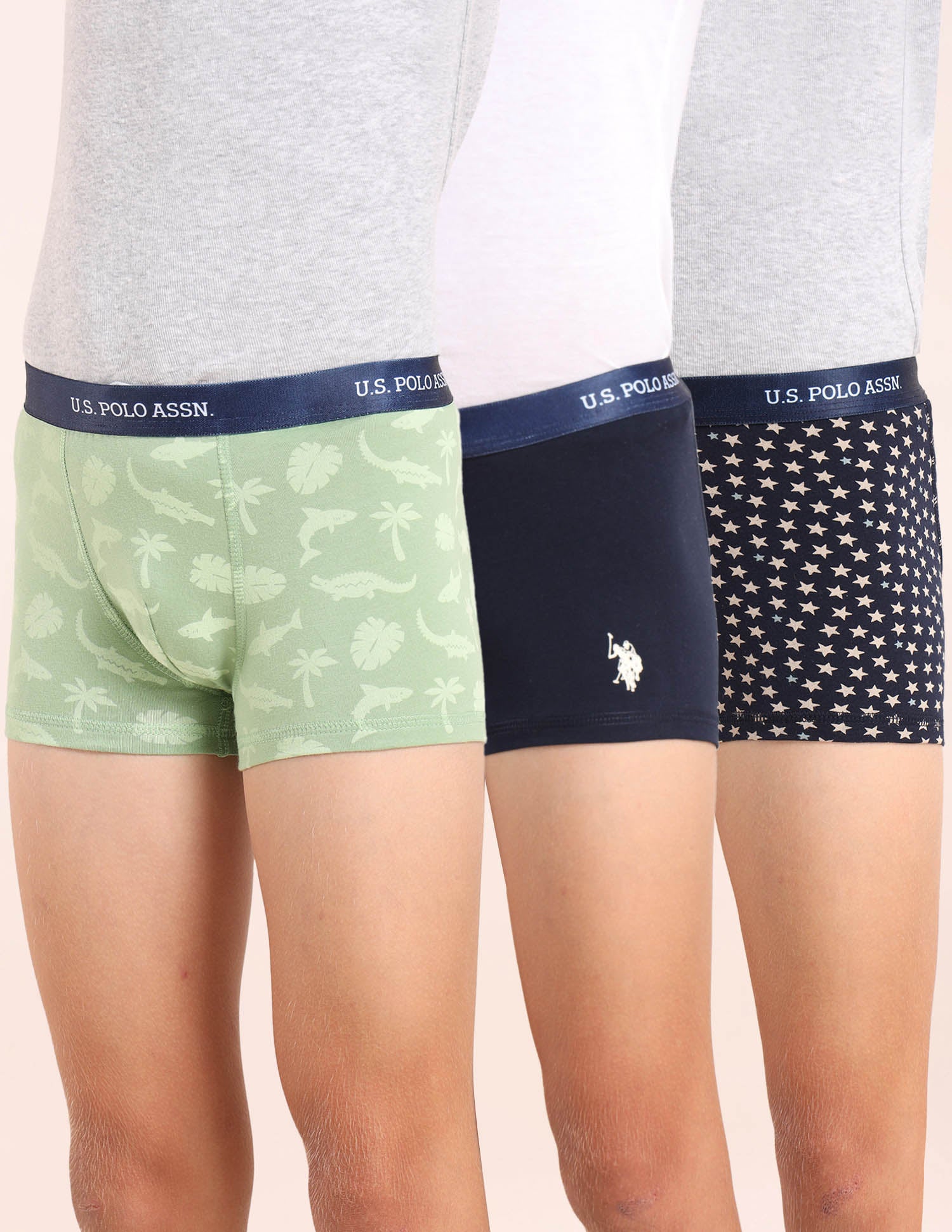 Boys Mid Rise Cotton Spandex Trunks - Pack Of 3 Navy, Green and Navy - U.S. POLO ASSN. | Large