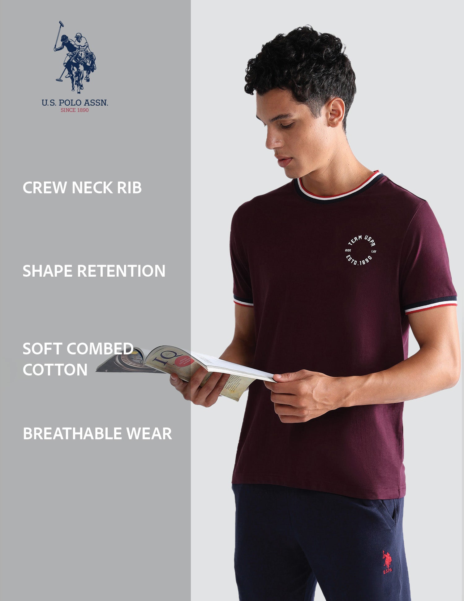 Comfort Fit Pure Cotton OEE01 Lounge T-Shirt - Pack Of 2 Earthy Brown and Dark Wine - U.S. POLO ASSN. | Large