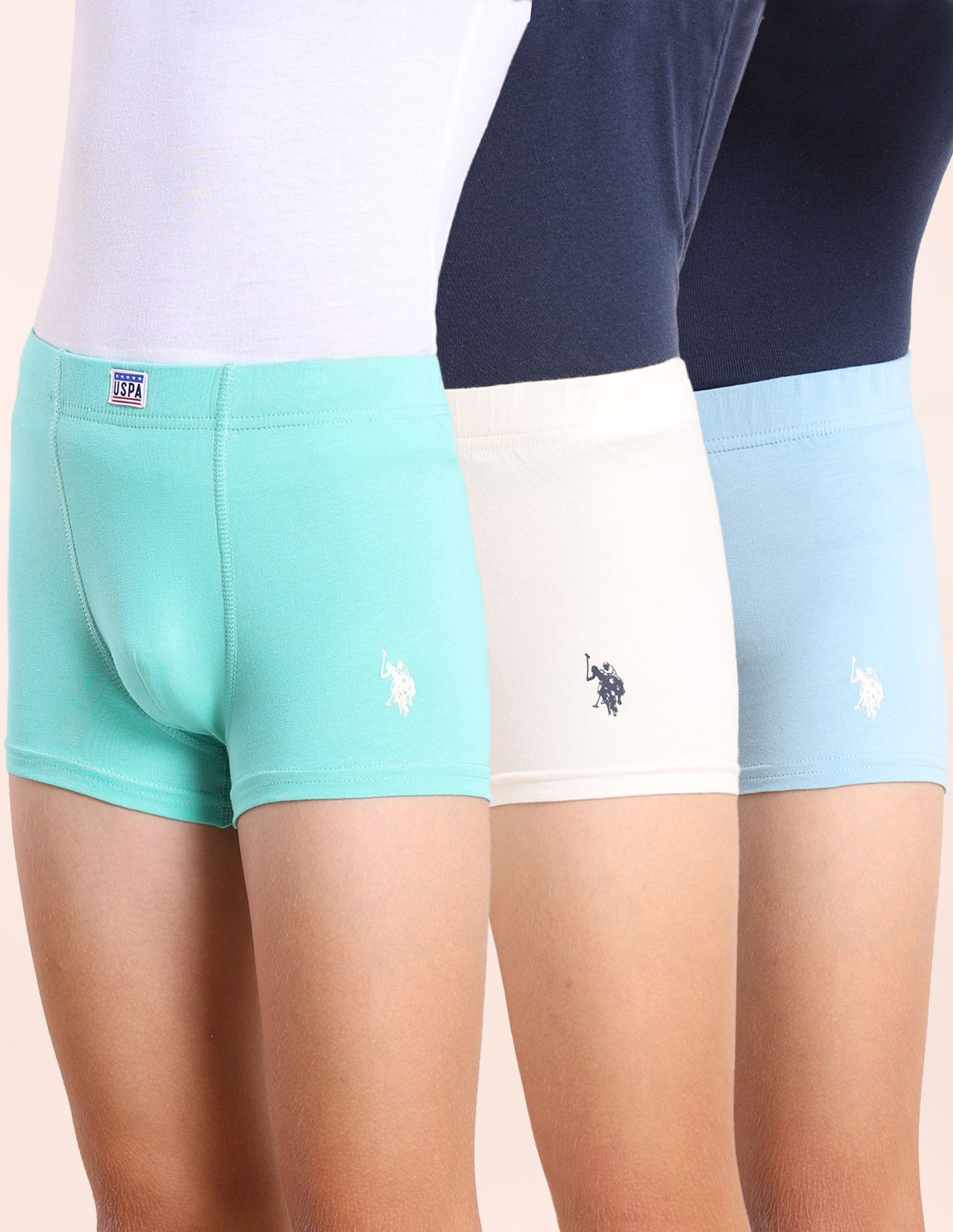 Boys Cotton Spandex Solid Trunks - Pack Of 3 Blue, Green and White - U.S. POLO ASSN. | Large