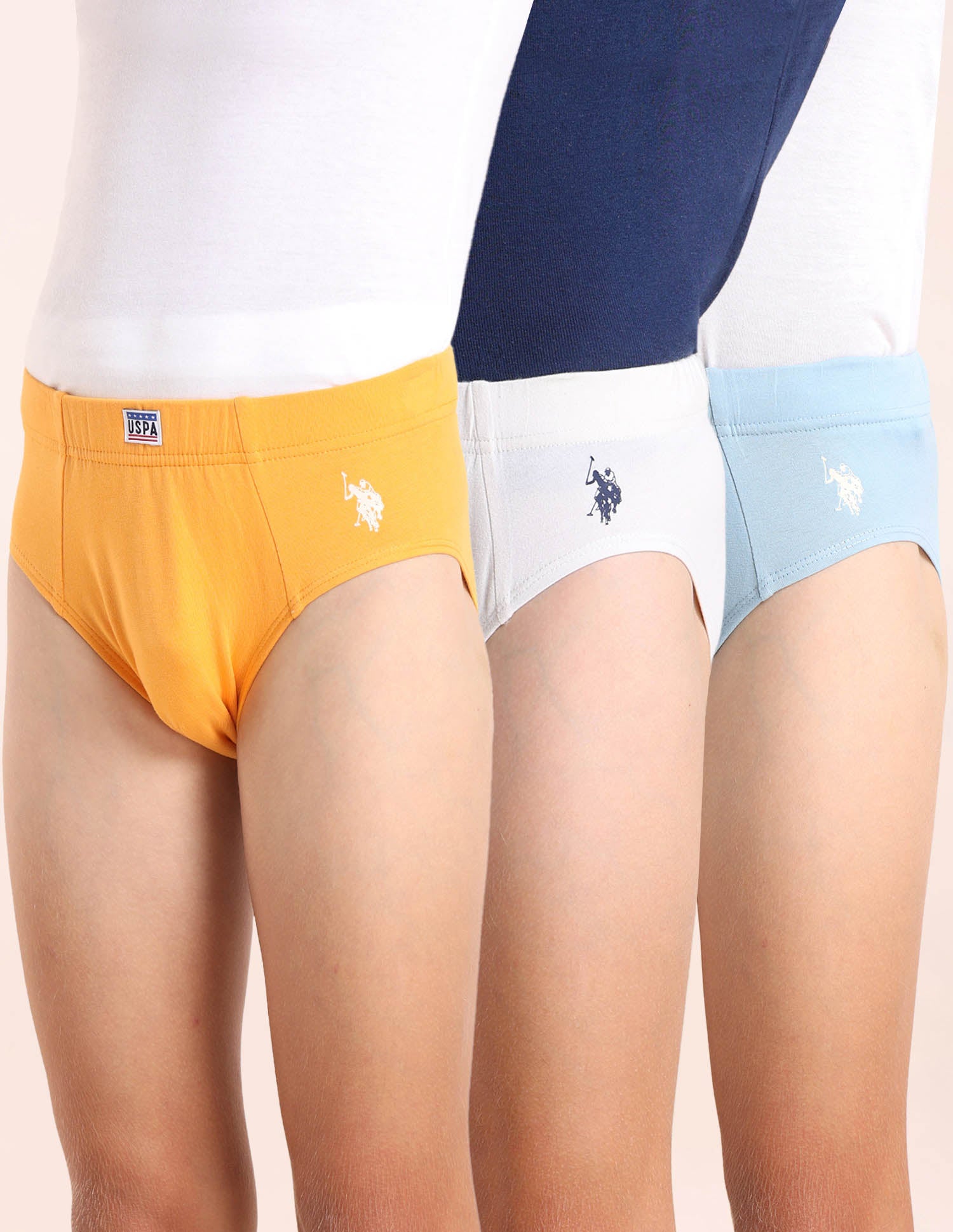 Boys Cotton Spandex Solid Briefs - Pack Of 3 Orange, Blue and White - U.S. POLO ASSN. | Large