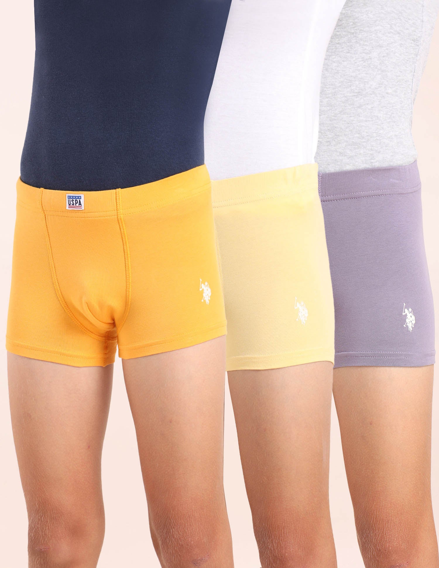 Boys Cotton Spandex Solid Trunks - Pack Of 3 Orange, Purple and Yellow - U.S. POLO ASSN. | Large