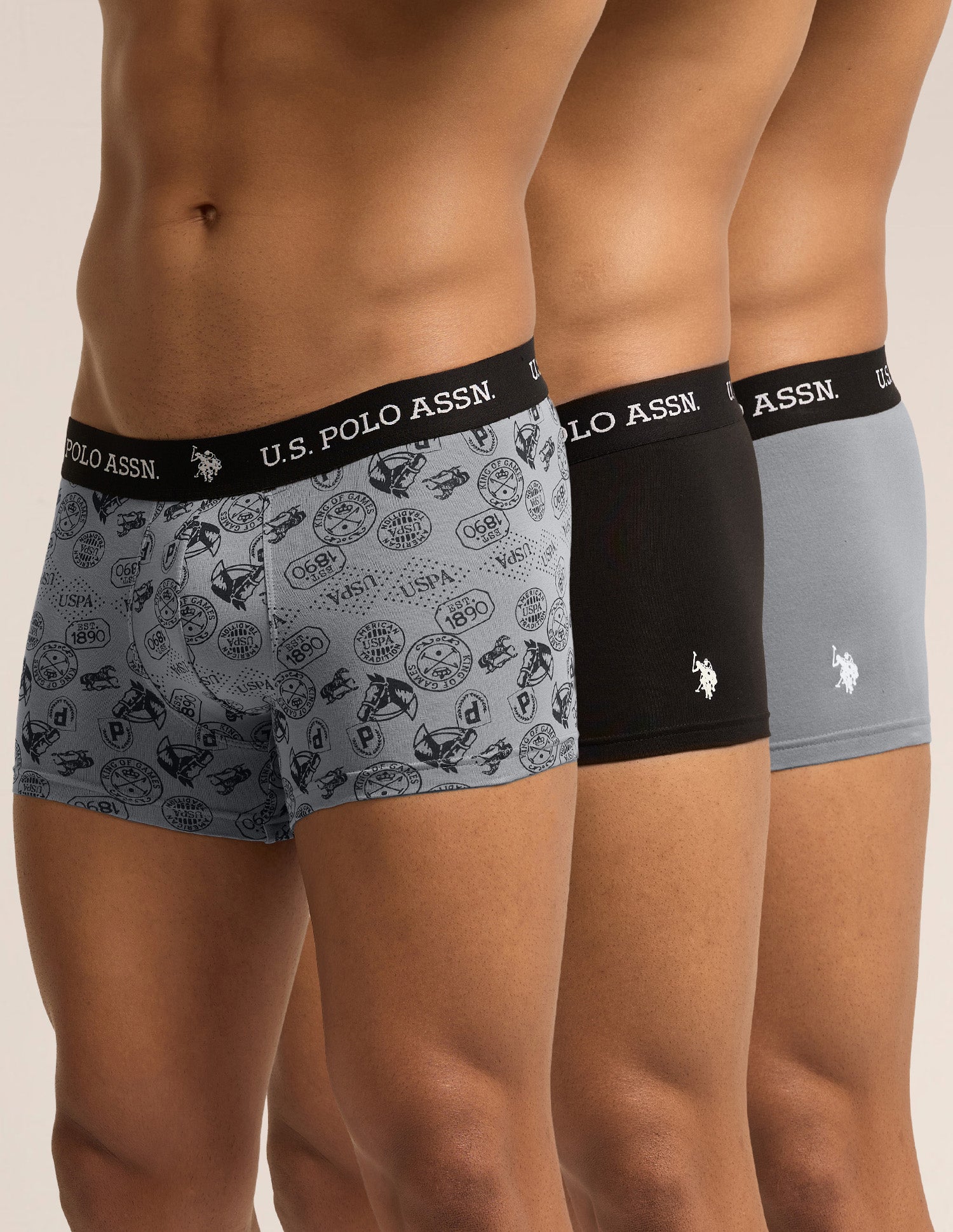All Day Breathable OET26 Trunks - Pack of 3 Grey|Black|Grey - U.S. Polo Assn. India | Large