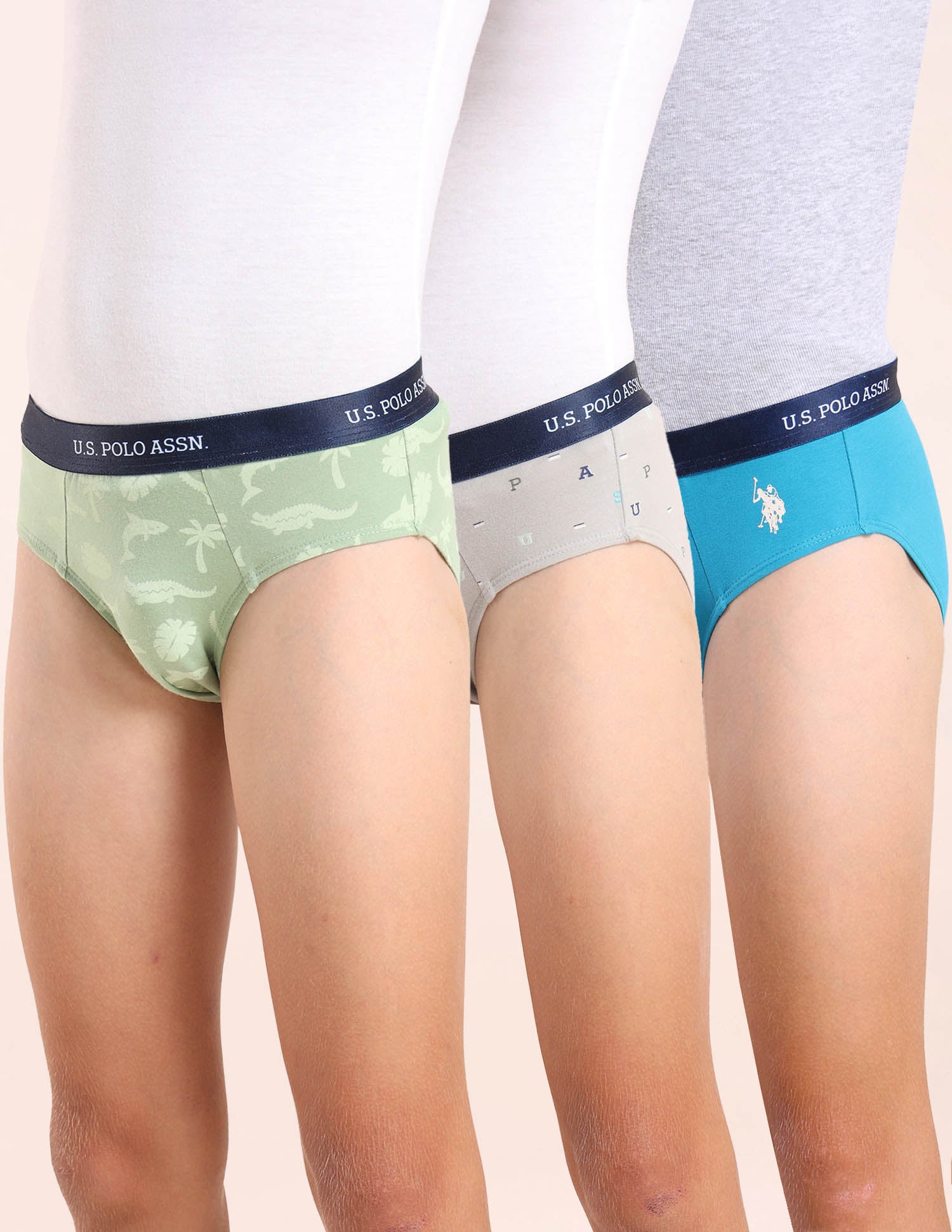 Boys Mid Rise Cotton Spandex Briefs - Pack Of 3 Green, Grey and Blue - U.S. POLO ASSN. | Large
