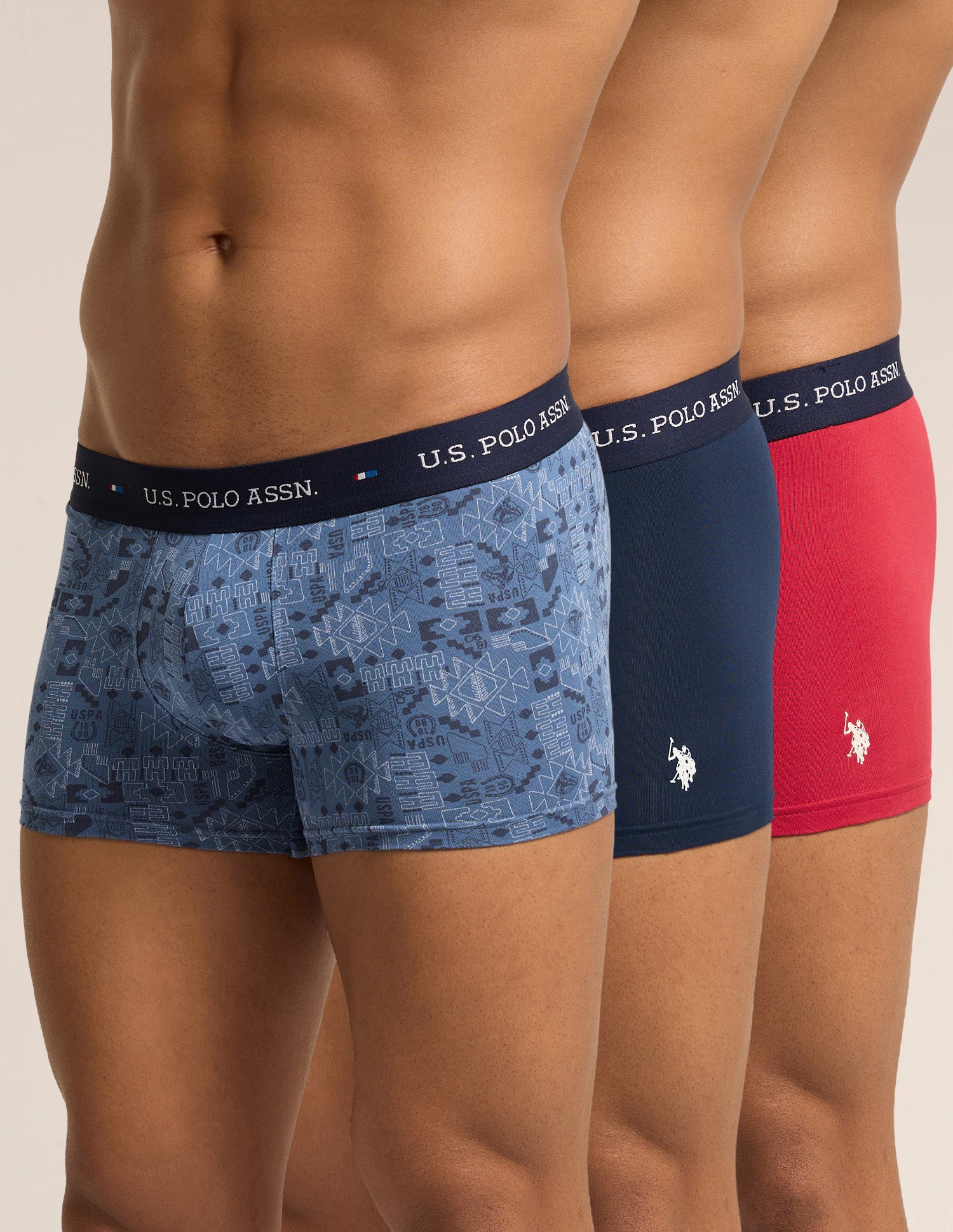 Breathable Cotton Stretch OET25 Trunks - Pack of 3 Red|Moonlight Blue - U.S. Polo Assn. India | Large