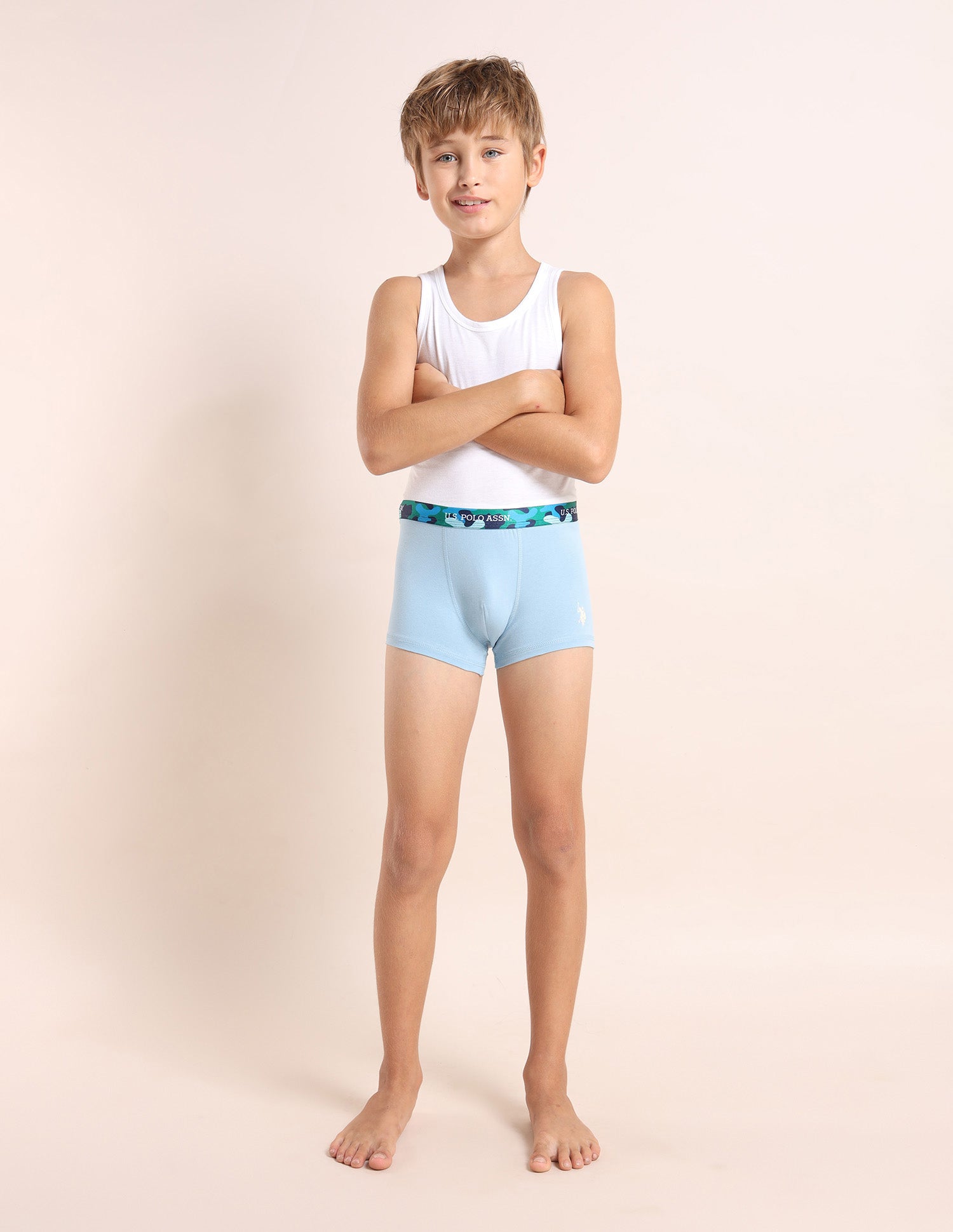 Boys Mid Rise Cotton Spandex Trunks - Pack Of 5 Blue, Navy, Grey, White and Blue - U.S. POLO ASSN. | Large
