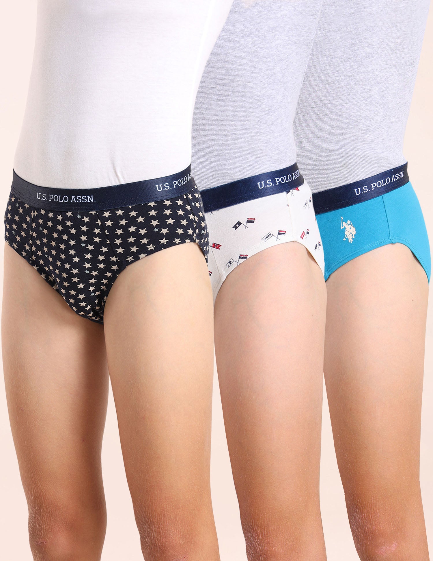 Boys Mid Rise Cotton Spandex Briefs - Pack Of 3 Navy, White and Blue - U.S. POLO ASSN. | Large