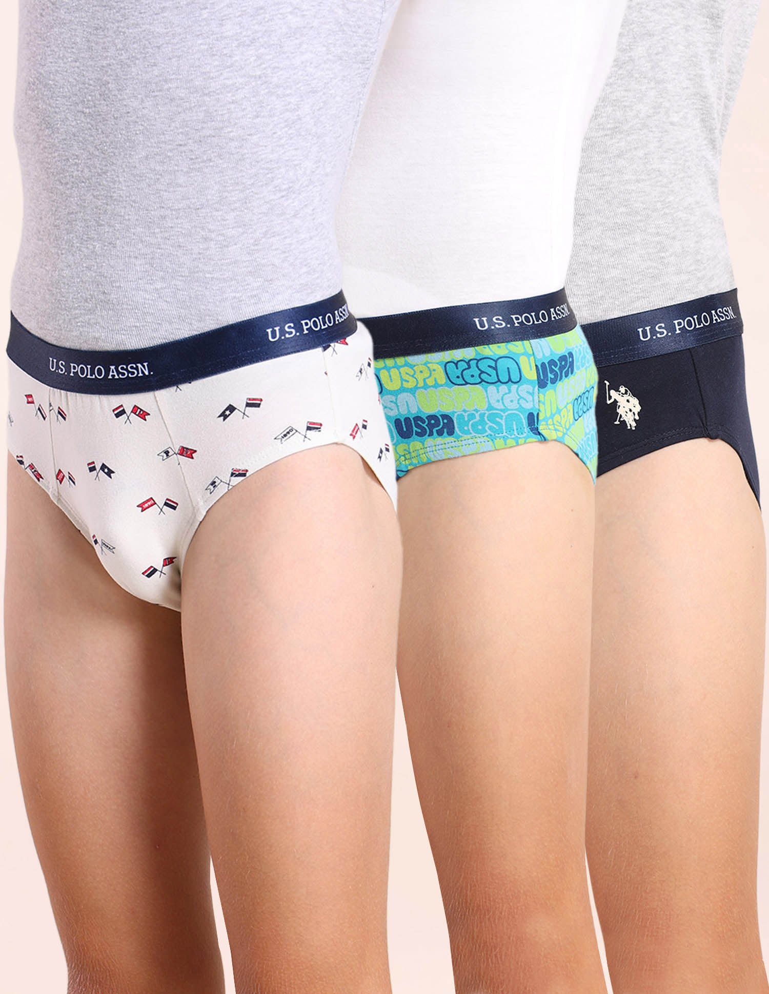 Boys Mid Rise Cotton Spandex Briefs - Pack Of 3 Blue, White and Navy - U.S. POLO ASSN. | Large