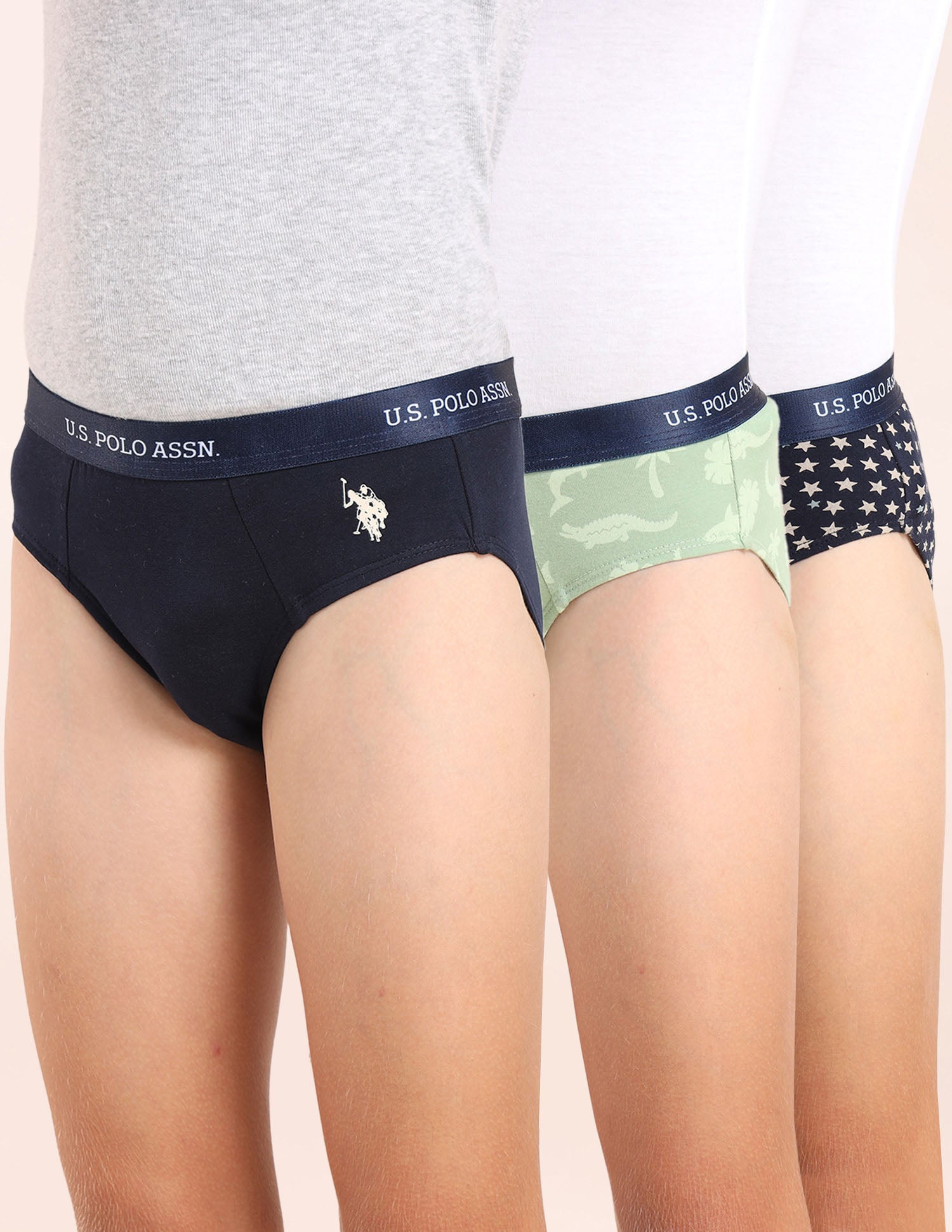 Boys Mid Rise Cotton Spandex Briefs - Pack Of 3 Navy, Green and Navy - U.S. POLO ASSN. | Large