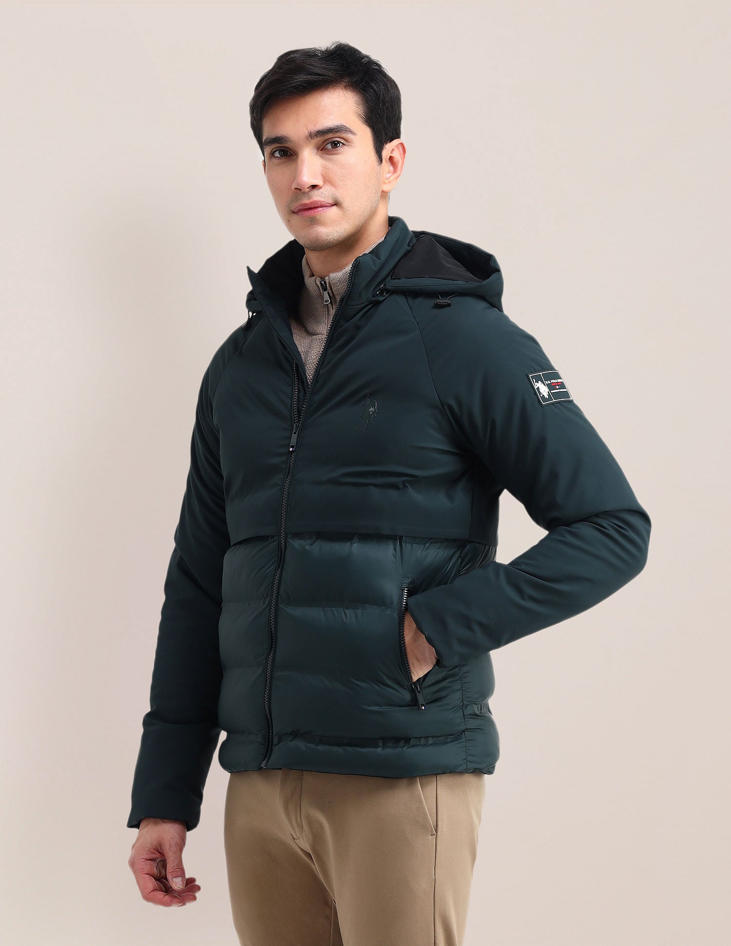 Solid Hooded Puffer Jacket Dark Green - U.S. POLO ASSN. | Large