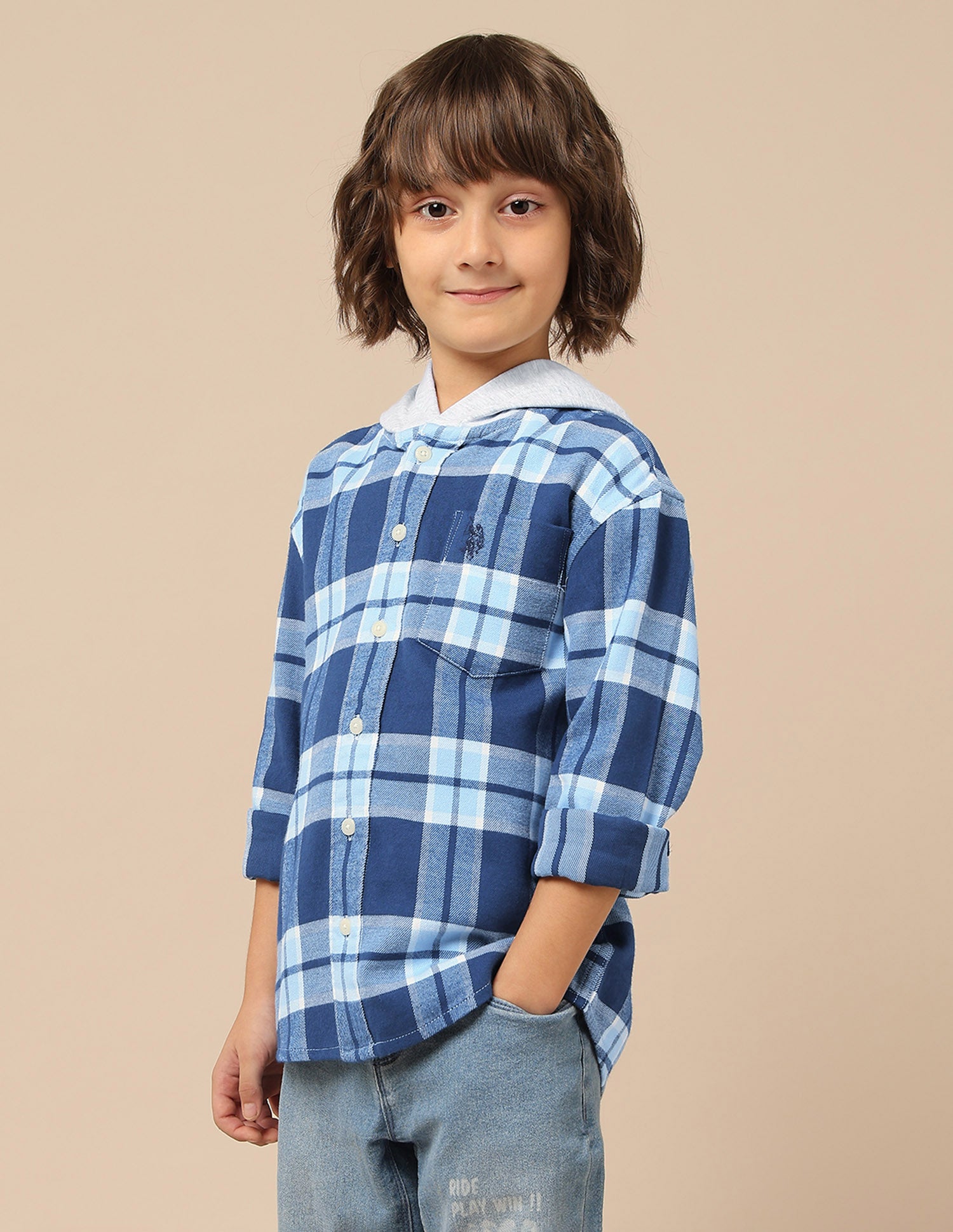 Boys Tartan Checked Hooded Shacket Navy - U.S. POLO ASSN. | Large