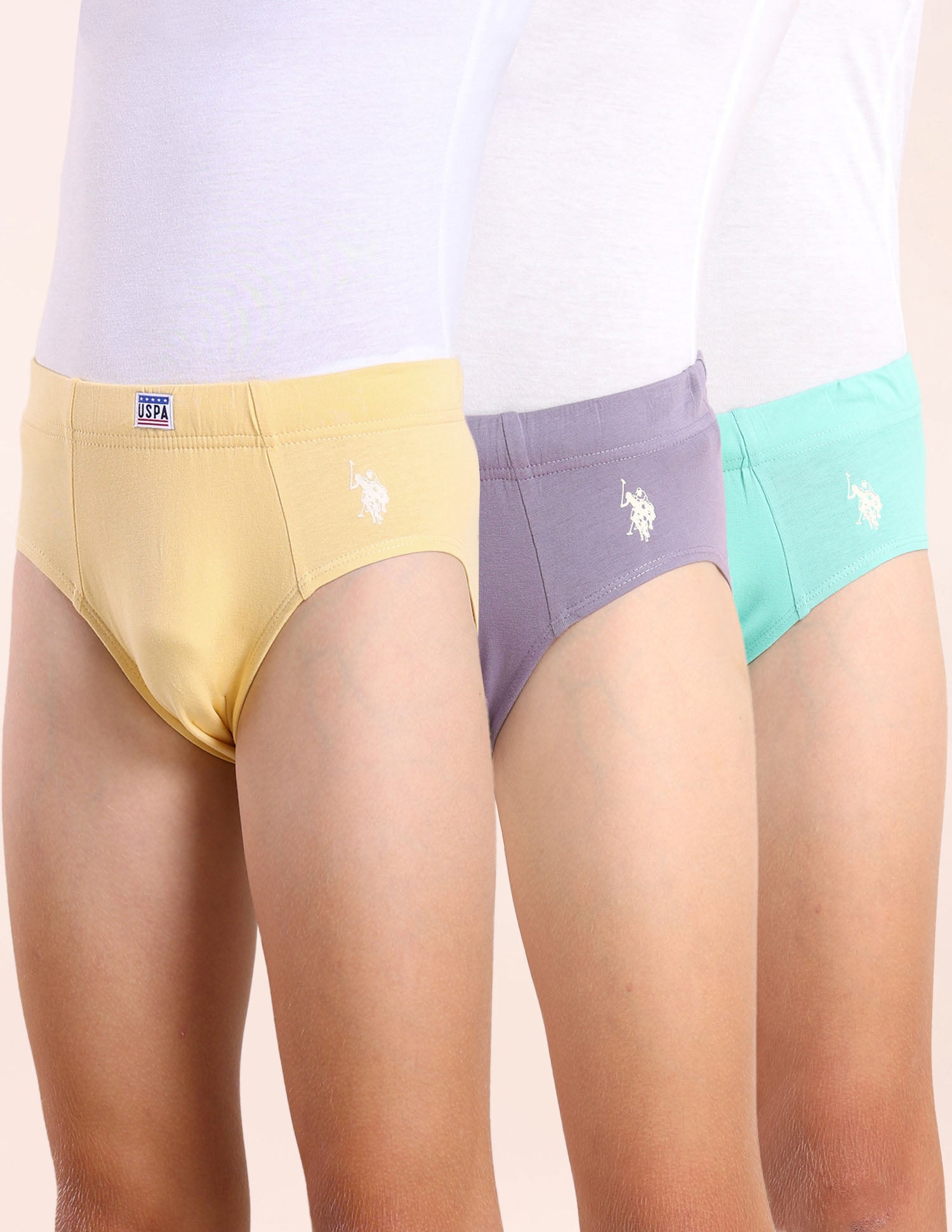 Boys Cotton Spandex Solid Briefs - Pack Of 3 Purple, Yellow and Green - U.S. POLO ASSN. | Large