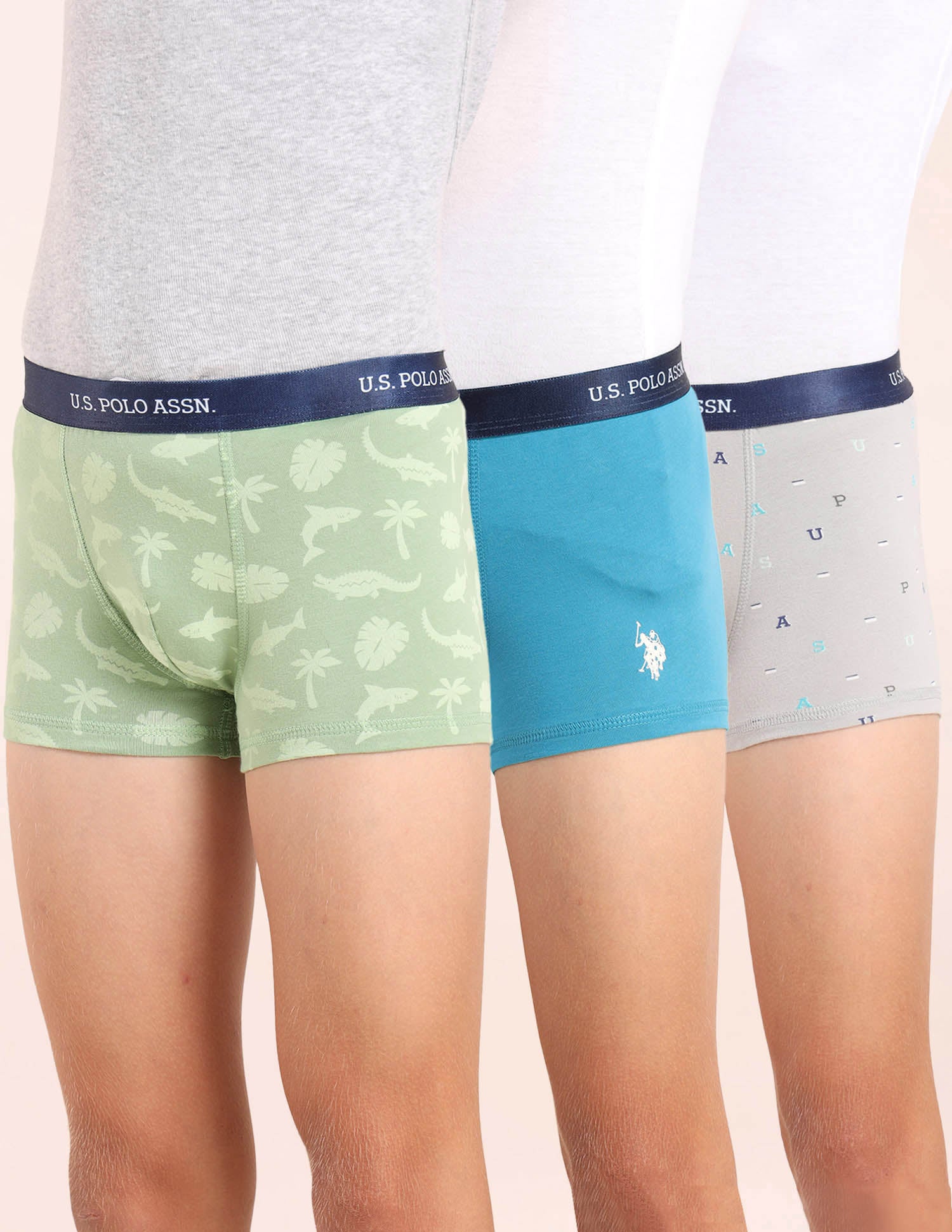 Boys Mid Rise Cotton Spandex Trunks - Pack Of 3 Green, Grey and Blue - U.S. POLO ASSN. | Large