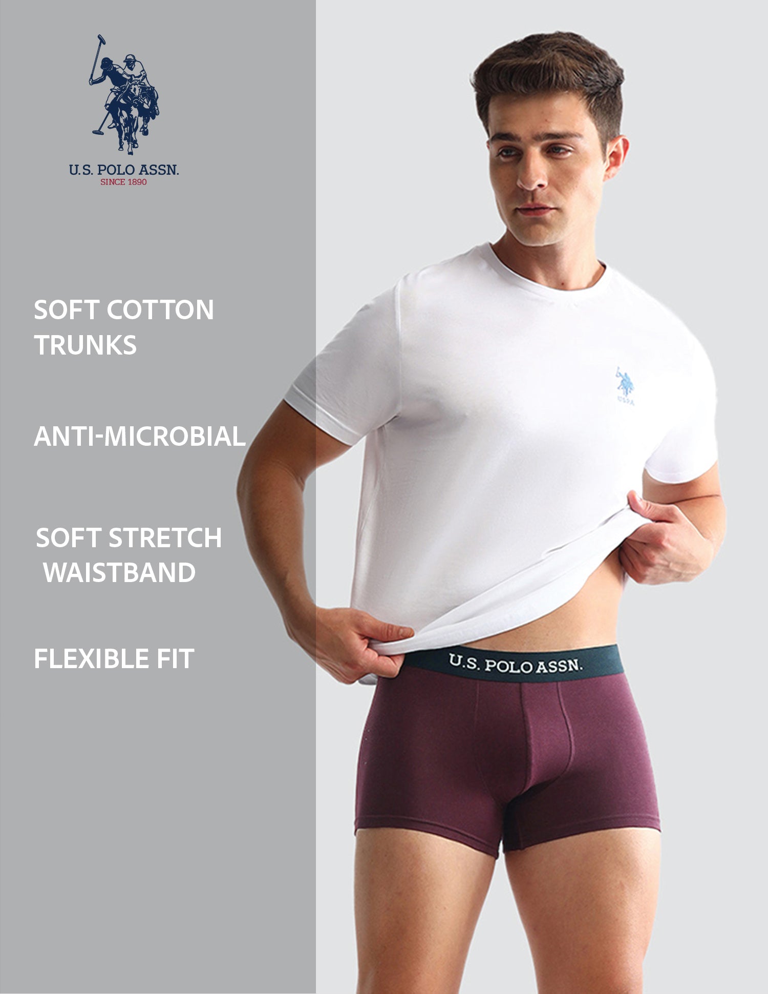 Anti Microbial Solid OET13 Trunks - Pack Of 3 Grey Melange, Rust and Burgandy - U.S. POLO ASSN. | Large