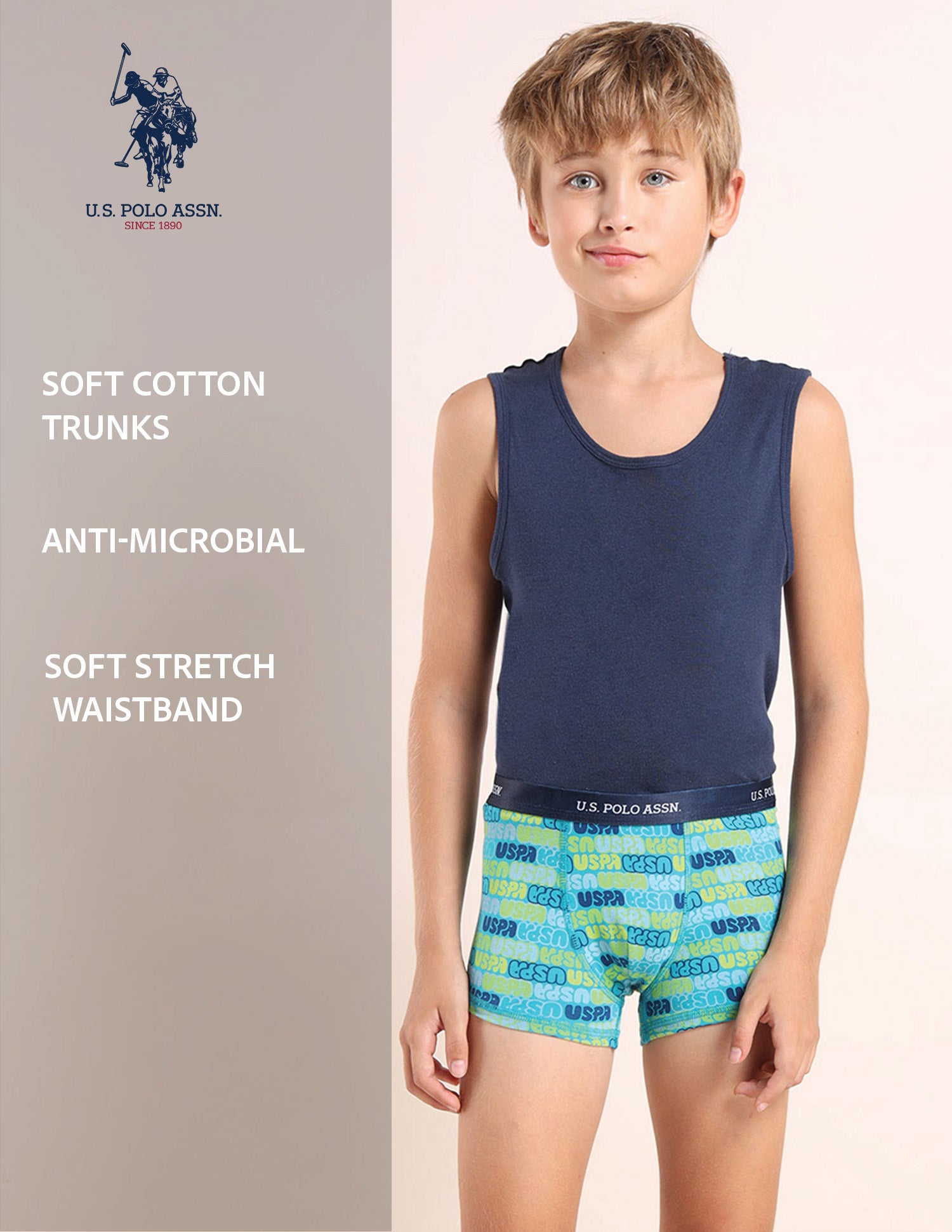 Boys Mid Rise Cotton Spandex Trunks - Pack Of 3 Grey, Blue and Green - U.S. POLO ASSN. | Large