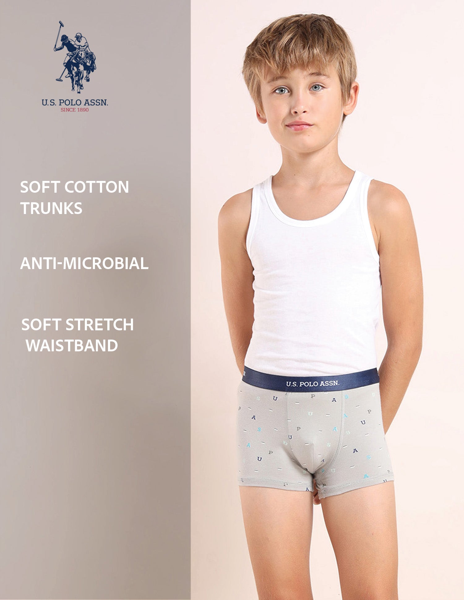 Boys Mid Rise Cotton Spandex Trunks - Pack Of 3 Green, Grey and Blue - U.S. POLO ASSN. | Large