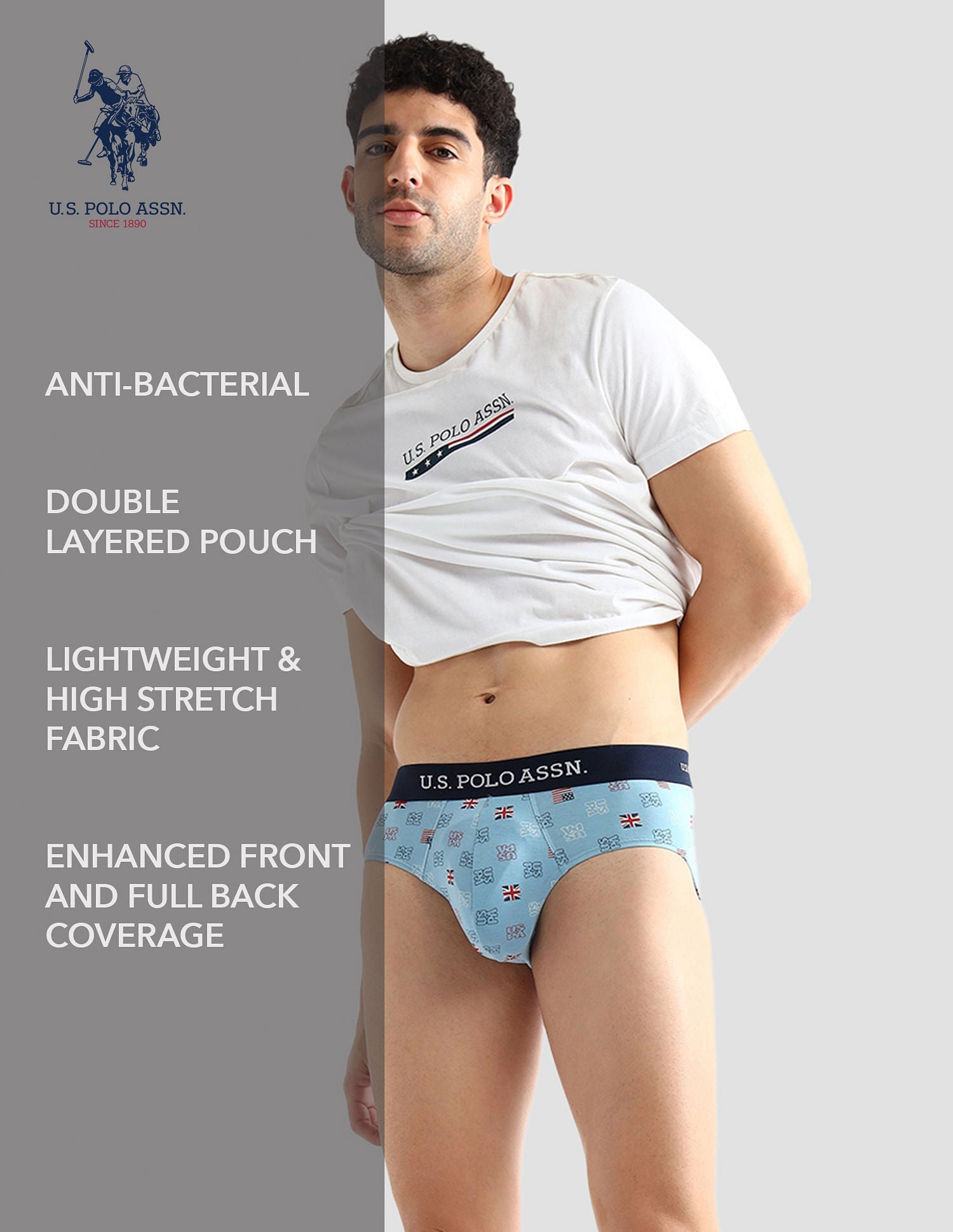 Elasticized Waist Solid OEB14 Briefs - Pack Of 3 White, White and Light Blue - U.S. POLO ASSN. | Large