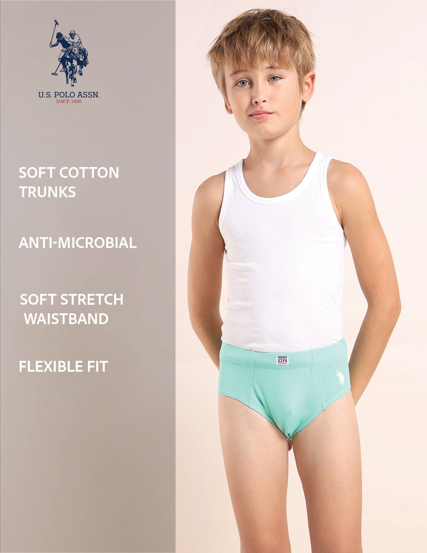Boys Cotton Spandex Solid Briefs - Pack Of 3 Blue, Green and White - U.S. POLO ASSN. | Large