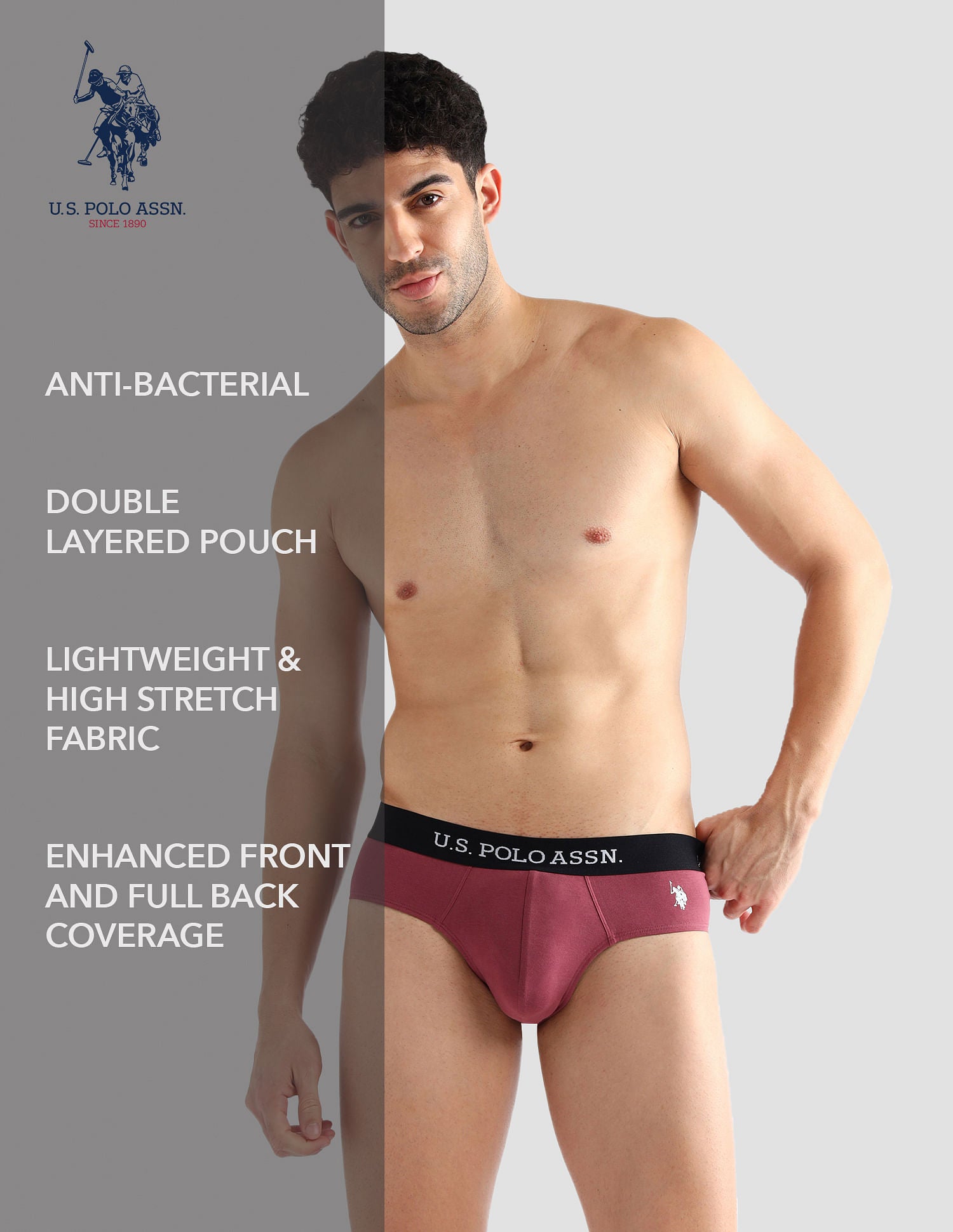 Elasticized Waist Solid OEB13 Briefs - Pack Of 3 Brown, Purple and Green - U.S. POLO ASSN. | Large