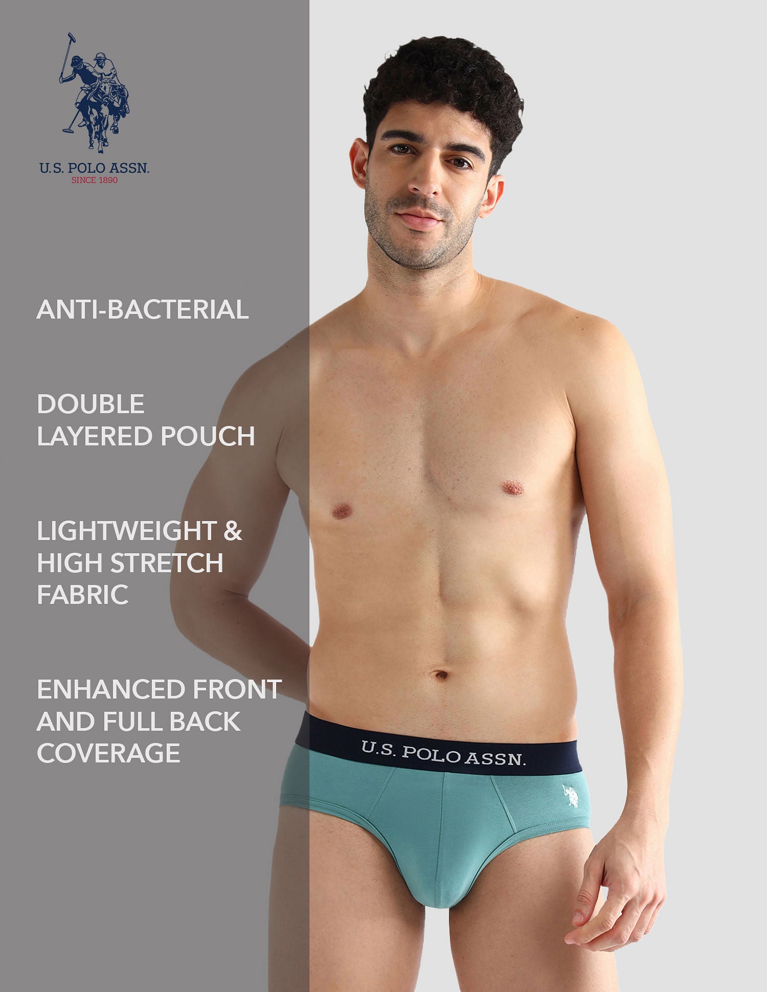 Elasticized Waist Solid OEB13 Briefs - Pack Of 3 Green, Brown and Blue - U.S. POLO ASSN. | Large