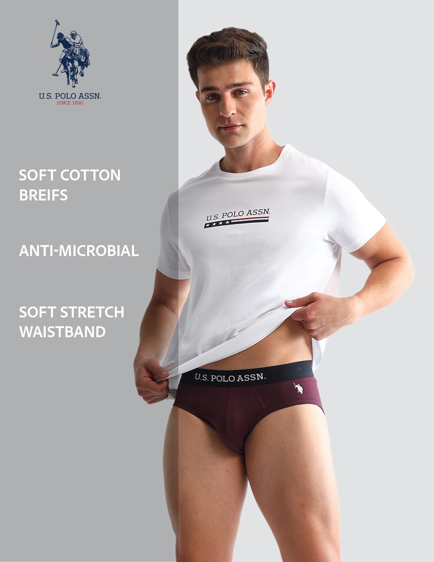 Anti Microbial Solid OEB13 Briefs - Pack Of 3 Grey Melange, Rust and Burgandy - U.S. POLO ASSN. | Large