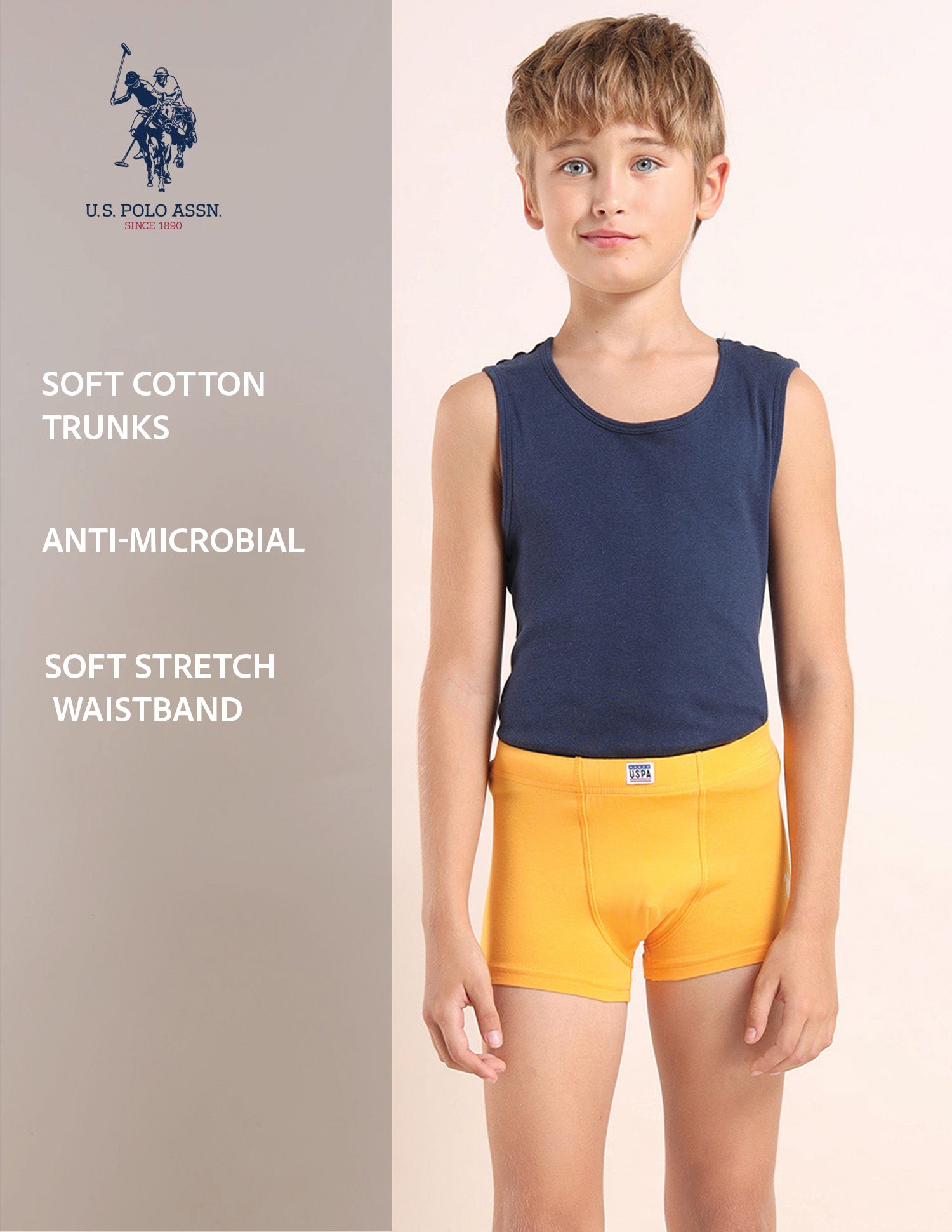Boys Cotton Spandex Solid Trunks - Pack Of 3 Orange, Purple and Yellow - U.S. POLO ASSN. | Large
