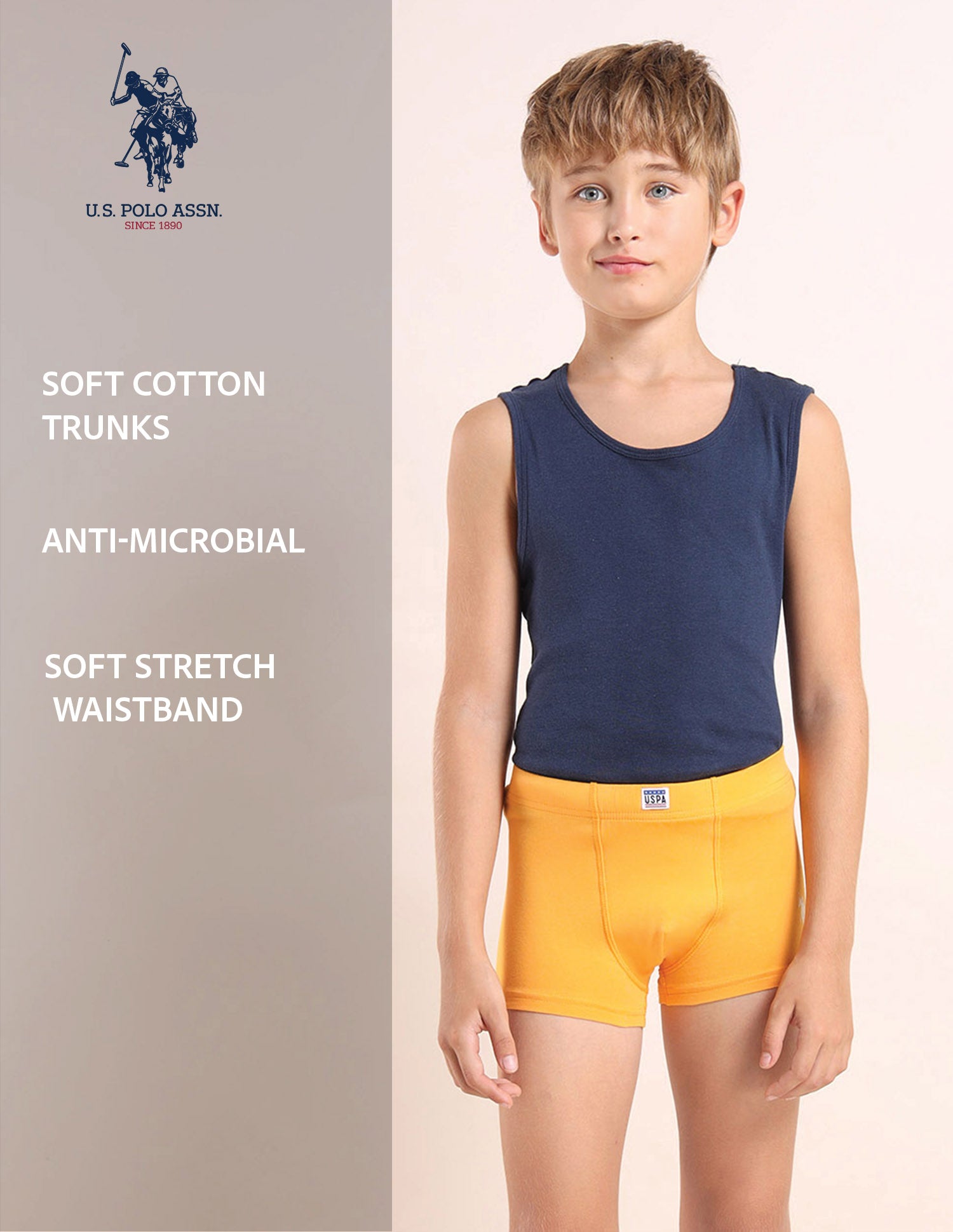 Boys Cotton Spandex Solid Trunks - Pack Of 3 Orange, Blue and White - U.S. POLO ASSN. | Large
