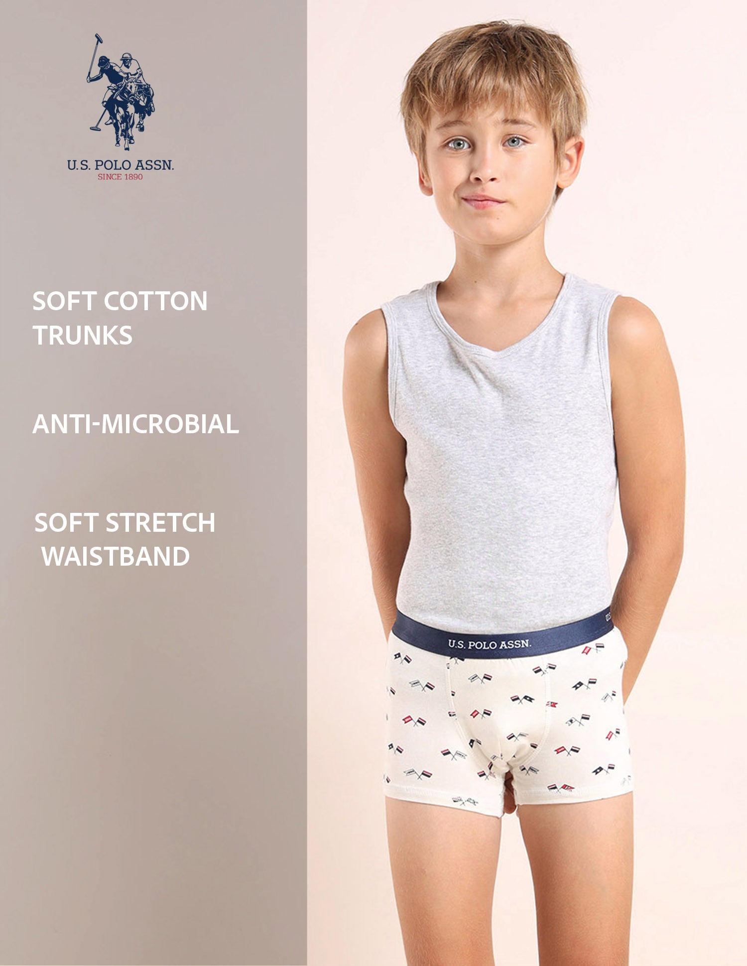 Boys Mid Rise Cotton Spandex Trunks - Pack Of 3 Blue, White and Navy - U.S. POLO ASSN. | Large