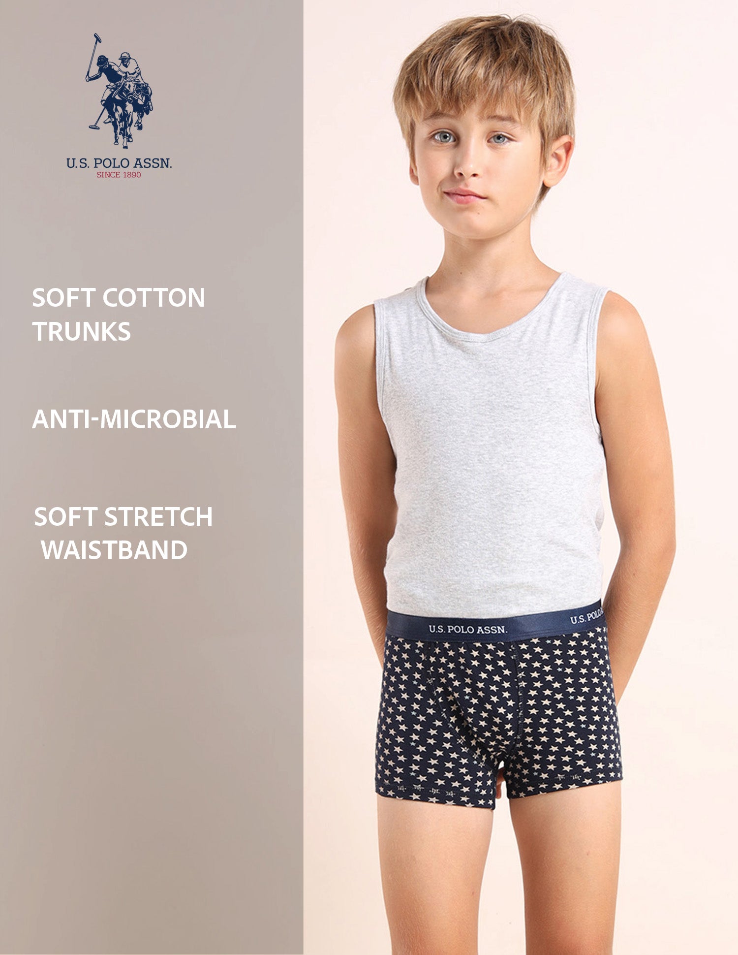 Boys Mid Rise Cotton Spandex Trunks - Pack Of 3 Navy, White and Blue - U.S. POLO ASSN. | Large