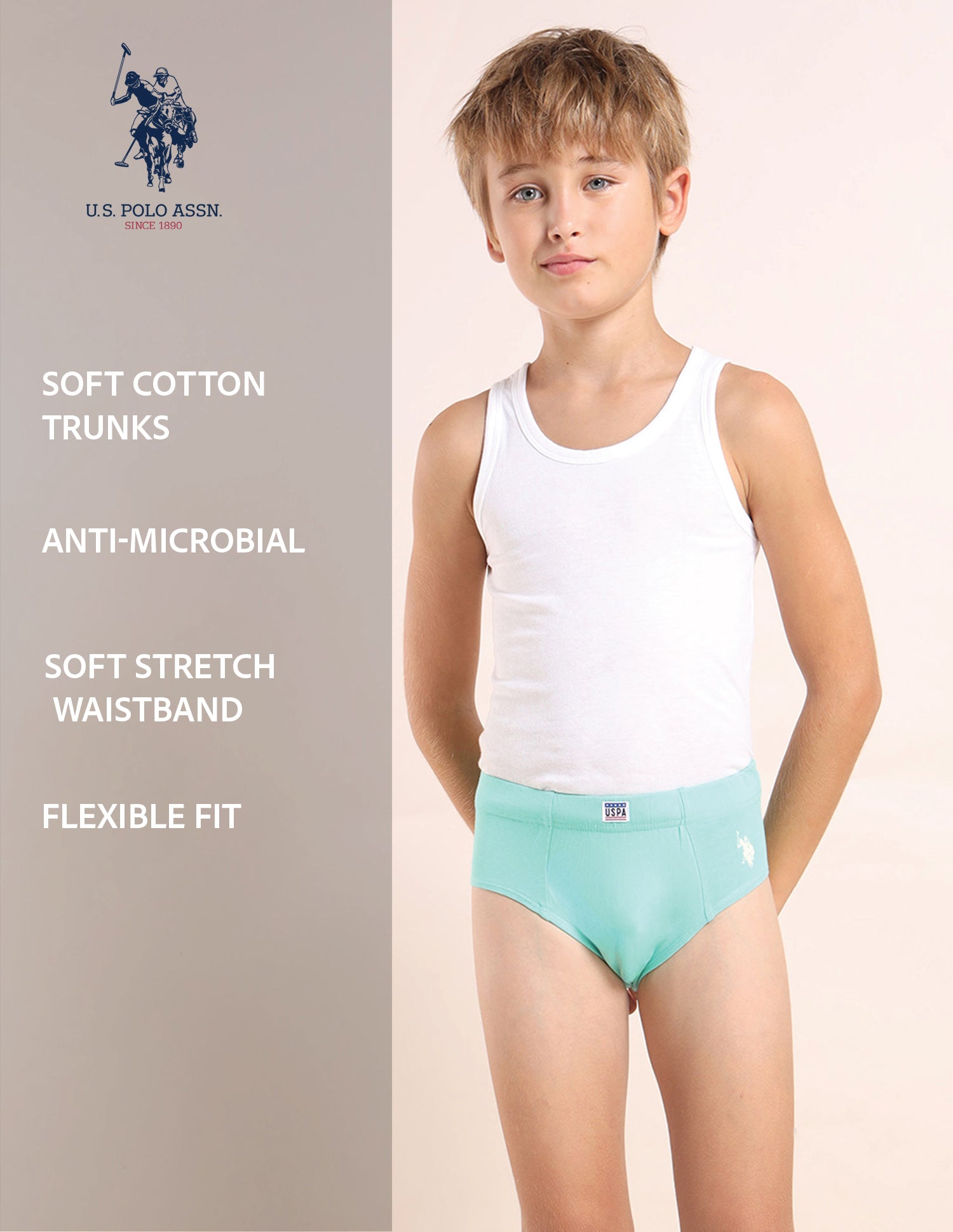 Boys Cotton Spandex Solid Briefs - Pack Of 3 Purple, Yellow and Green - U.S. POLO ASSN. | Large