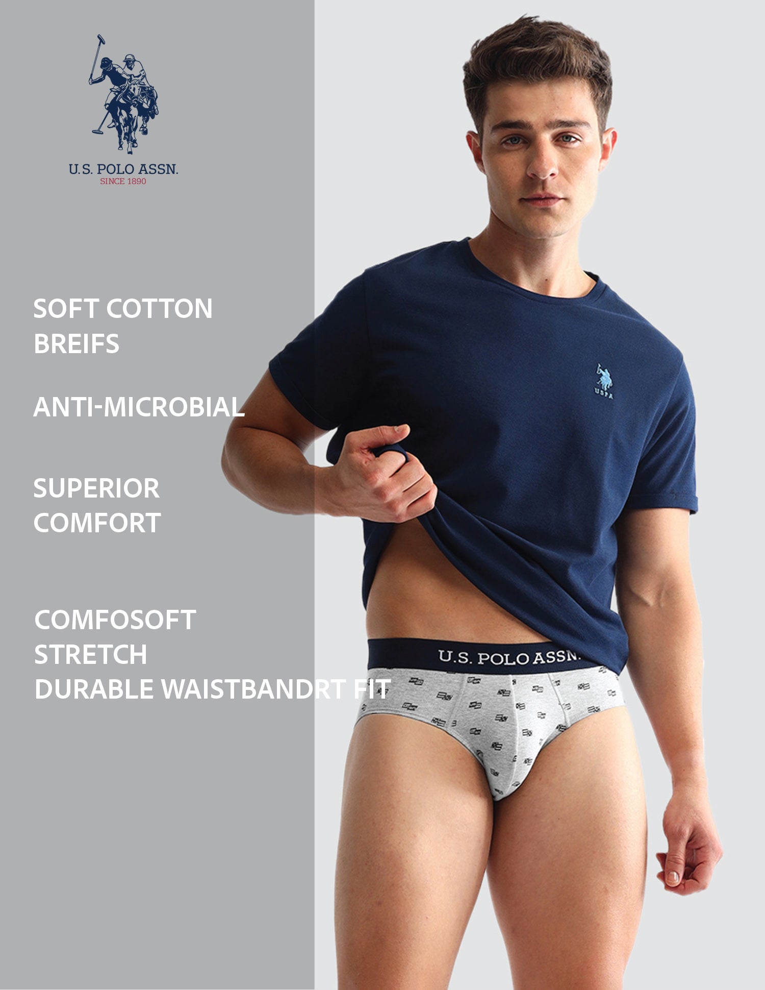 Anti Microbial Printed OEB14 Briefs - Pack Of 3 Navy, Grey Melange and Navy - U.S. POLO ASSN. | Large
