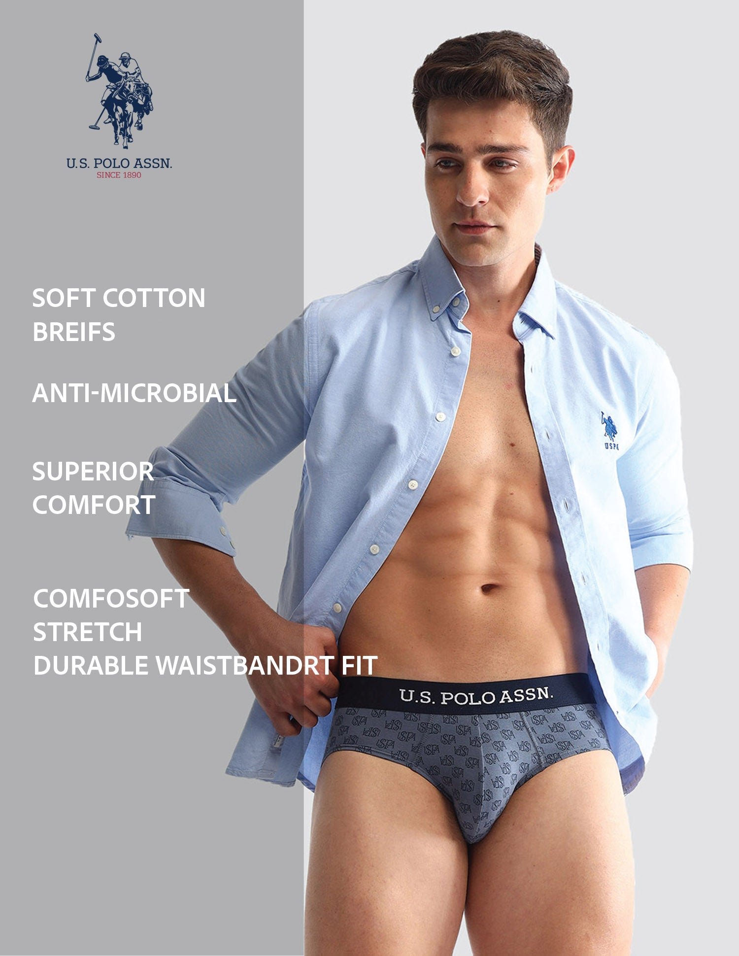 Anti Microbial Printed OEB14 Briefs - Pack Of 3 Grey Melange, Blue and Navy - U.S. POLO ASSN. | Large