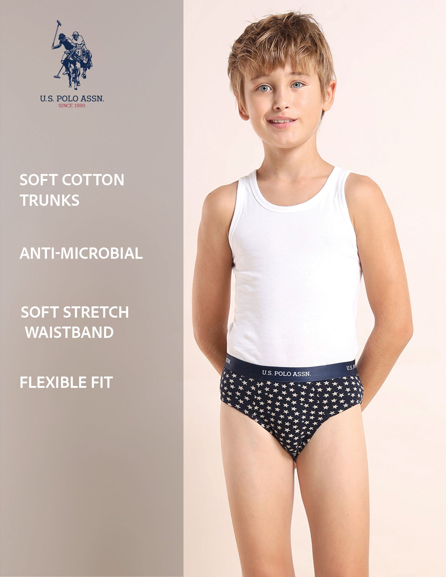 Boys Mid Rise Cotton Spandex Briefs - Pack Of 3 Navy, White and Blue - U.S. POLO ASSN. | Large