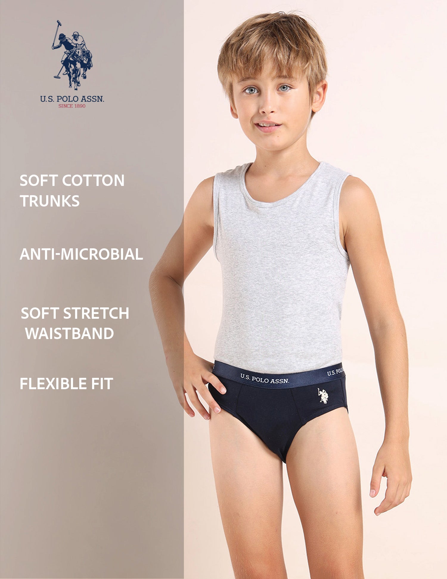Boys Mid Rise Cotton Spandex Briefs - Pack Of 3 Navy, Green and Navy - U.S. POLO ASSN. | Large