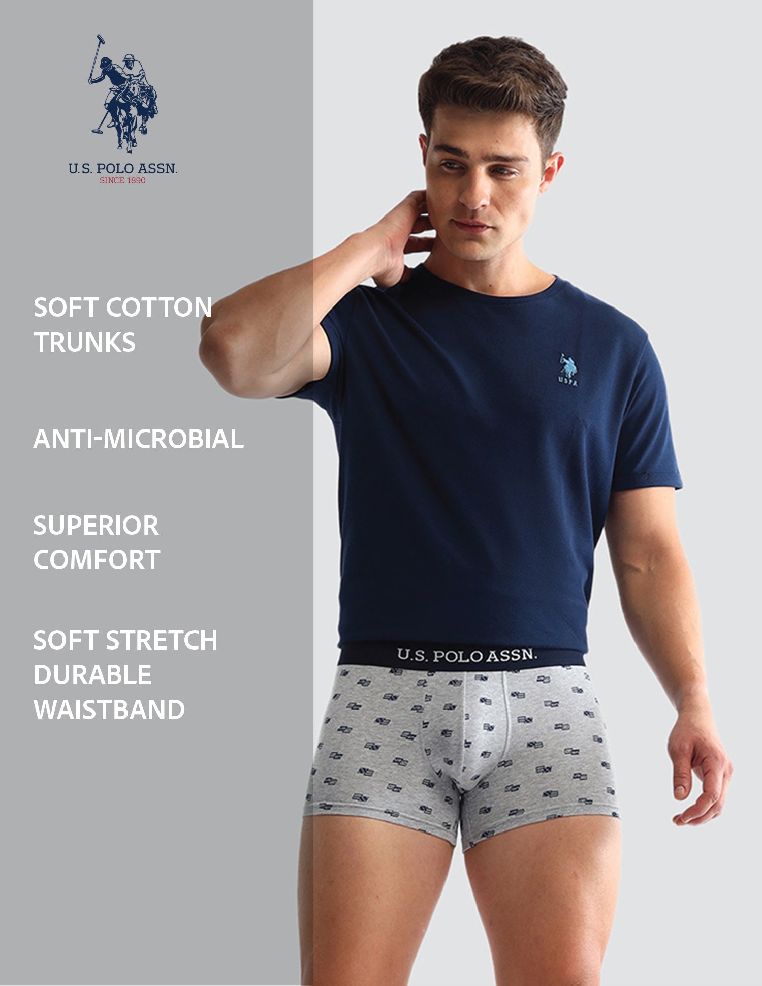 Anti Microbial Printed OET14 Trunks - Pack Of 3 Navy, Grey Melange and Navy - U.S. POLO ASSN. | Large